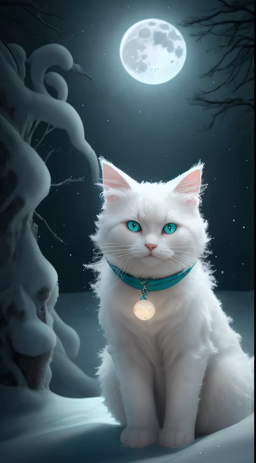 A extremally cute white frosty cat with curly white mustache and goatee , blue-green mother of pearl eyes, deep in the frosty snow of winter , blowing snow, snowy haze, a full moon, a deep river, and a mysterious image. It's night but it's bright. frosty looking cat, gorgeous beautiful eyes 24k photorealistic extreme depth of color in eyes and collar.
