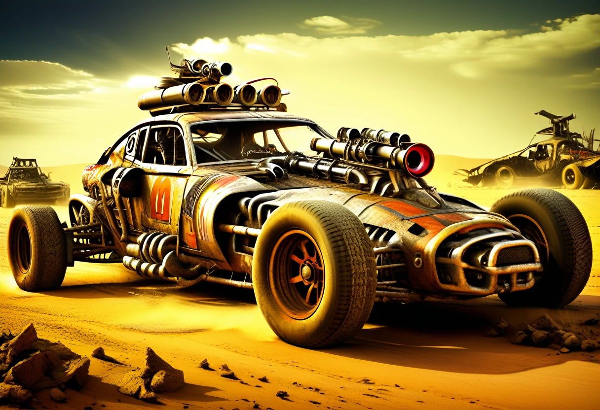 Racing Car:1.5, several mad max style cars, in the desert, among rubble, ((perfect, Meticulously detailed, impeccable: 1.4), ((Masterpiece)), (Hyper-detailed: 1.3), (Photorealistic: 1.4) , epic , night: 1.3, darkness: 1.3, light from explosions, 32k.