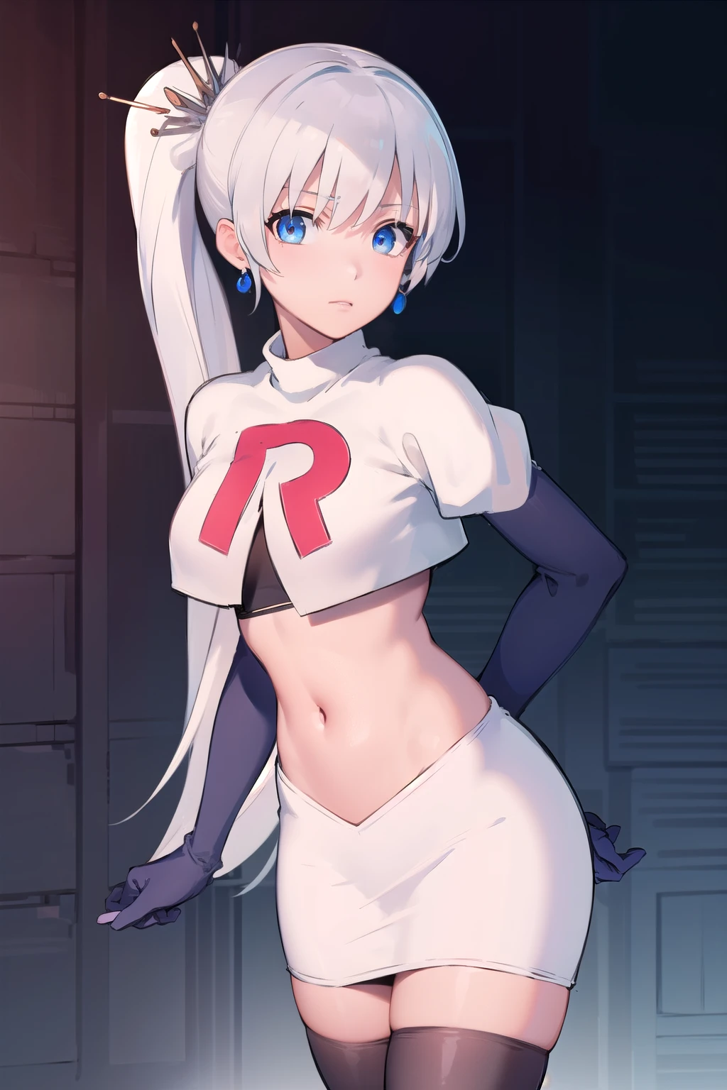 weissschnee, weiss schnee, long hair, blue eyes, hair ornament, ponytail, white hair, side ponytail, scar, tiara, scar on face, scar across eye,
BREAK jewelry, earrings, team rocket,team rocket uniform, red letter R, white skirt,white crop top,black thigh-highs,black elbow gloves
BREAK looking at viewer, (cowboy shot:1.5),
BREAK (masterpiece:1.2), best quality, high resolution, unity 8k wallpaper, (illustration:0.8), (beautiful detailed eyes:1.6), extremely detailed face, perfect lighting, extremely detailed CG, (perfect hands, perfect anatomy),