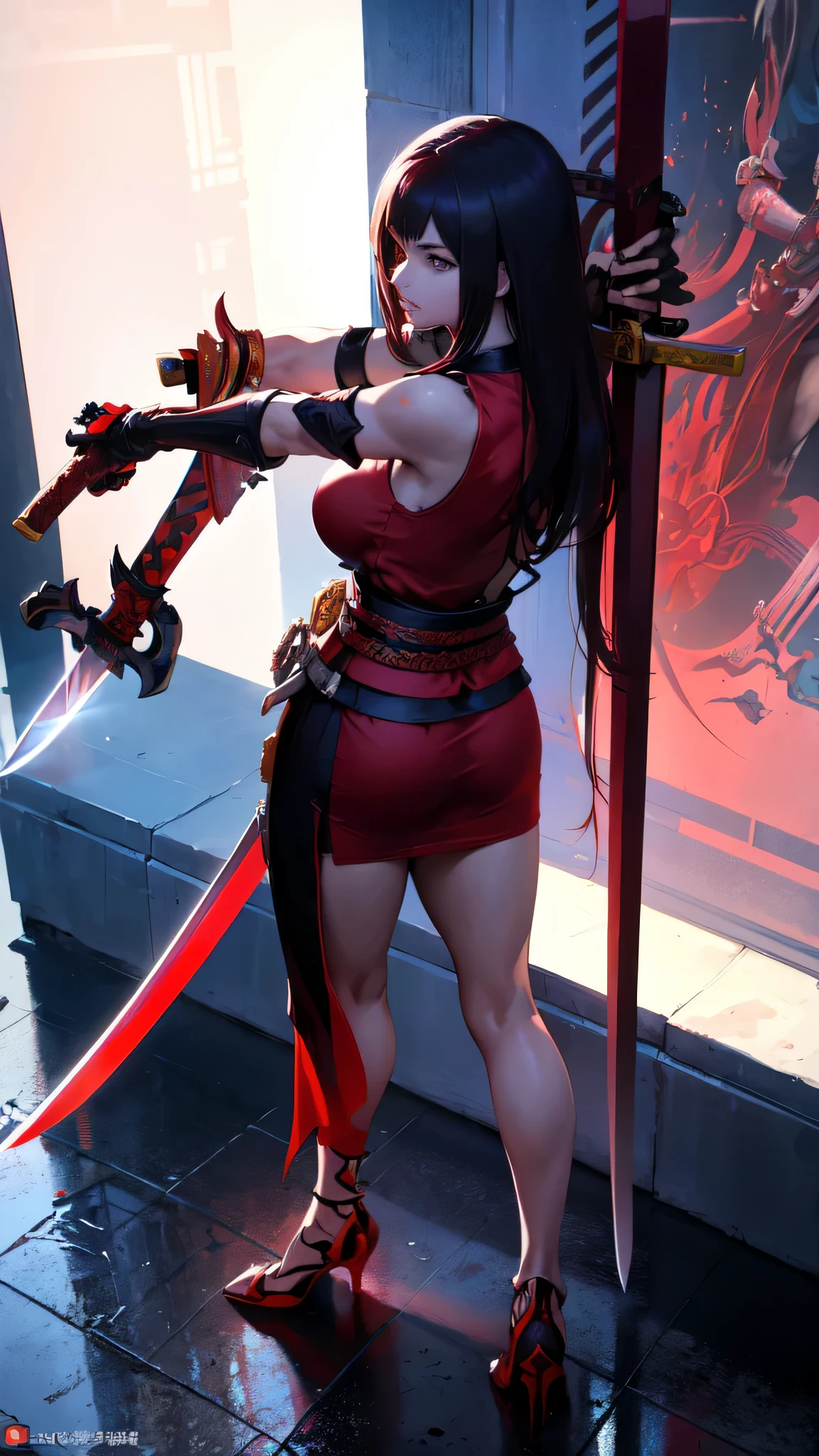 a woman kneeling down with a sword in her hand,very beautiful cyberpunk samurai,she is holding a katana sword,unsheathing her katana,she is holding a sword,ornate korean polearm behind her, realistic anime 3D style, cgsociety 9,2.5D cgi anime fantasy artwork, 3 d anime realistic.pose beautiful.redAssassin.Standing and sitting with his hands on his knees, Carry the sword on your shoulder.(Stand with your arms crossed over your chest, your back against the wall).hair white.
