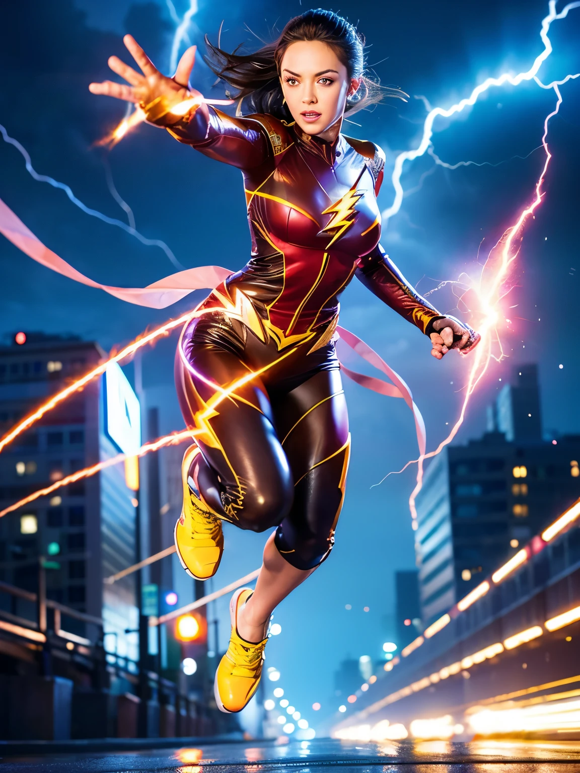 ((shining woman)) , plump , big breasts，medium hips, (( ultra realist )), The Flash Costume，TM Ninja White,Lightning bolt icon, cores energetics, vector style, The art of math, 4K, intricate details, Enchanting, professionally done, Beautiful vector illustration, 12k resolution, ..3d, Full body details for all characters, ((Very detailed)), ((energetic)),(( super high quality)), ((Surrealism)), ((Photo realism)), [octane rendering], on city streets ,  ( realist，（Flash running：1.2），（Throwing a bolt of lightning from his hand:1.2）