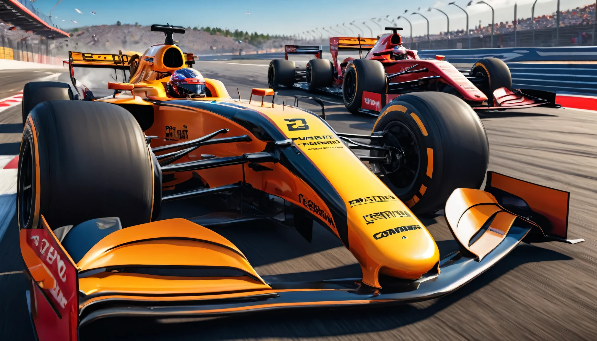 Formula racing scene, bright colors, high speed movement, Detailed car, Intense competition, realistic track, Professional driver, Stylish design, powerful engine, dynamic angle, Top quality rendering, motion blur, adrenaline, roaring engine, Skilled operation, Checkered flag, Pitted, tire tracks, Precise control, narrow corner, High-performance vehicles, aerodynamic shape, Cockpit view, Speedometer, racing helmet, Sponsor logo