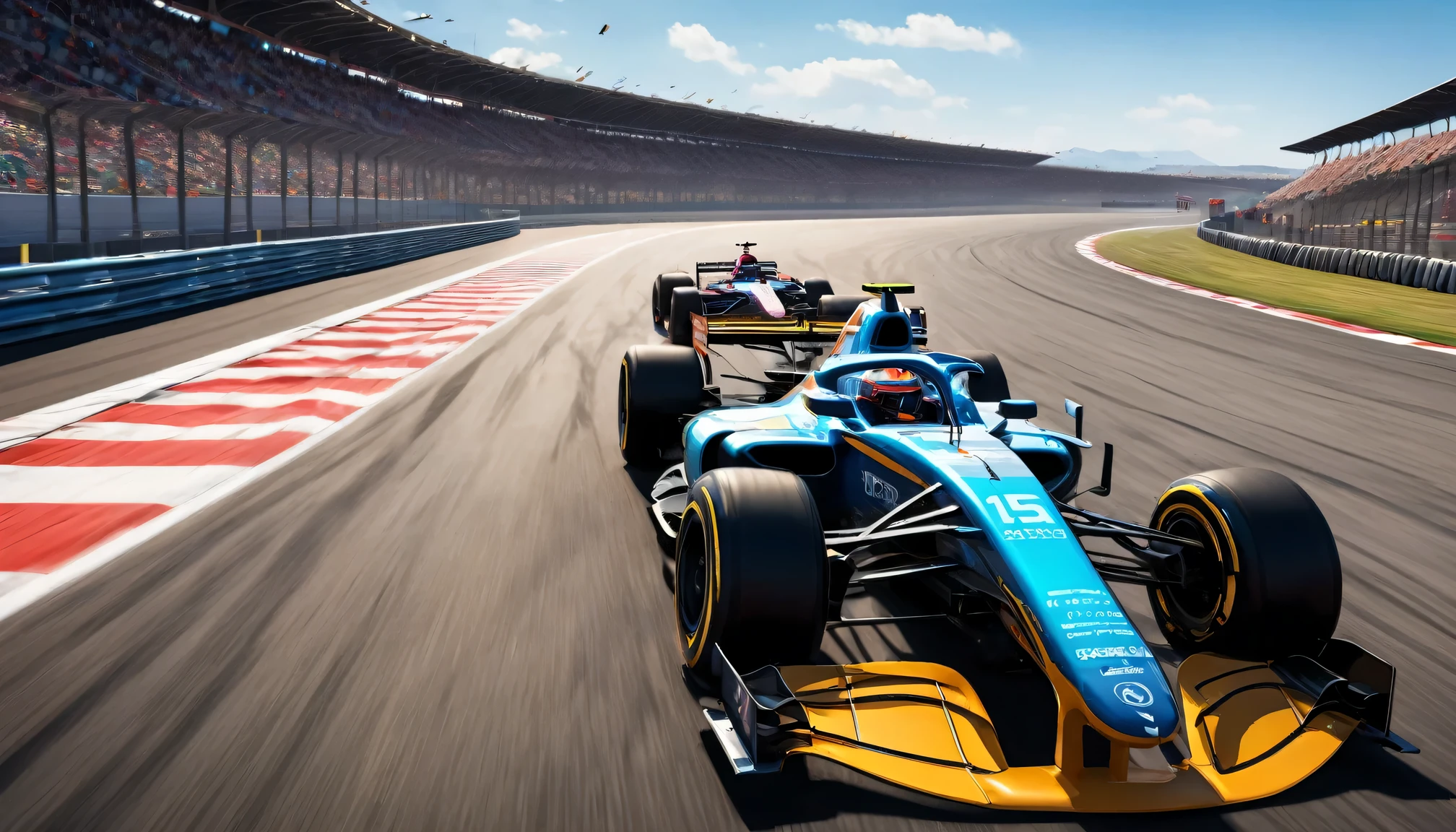 Formula racing scene, bright colors, high speed movement, Detailed car, Intense competition, realistic track, Professional driver, Stylish design, powerful engine, dynamic angle, Top quality rendering, motion blur, adrenaline, roaring engine, Skilled operation, Checkered flag, Pitted, tire tracks, Precise control, narrow corner, High-performance vehicles, aerodynamic shape, Cockpit view, Speedometer, racing helmet, Sponsor logo
