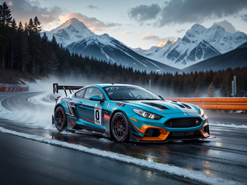 racing car, running through snowy mountain road, drift, 2 cars, snow smoke, female driver