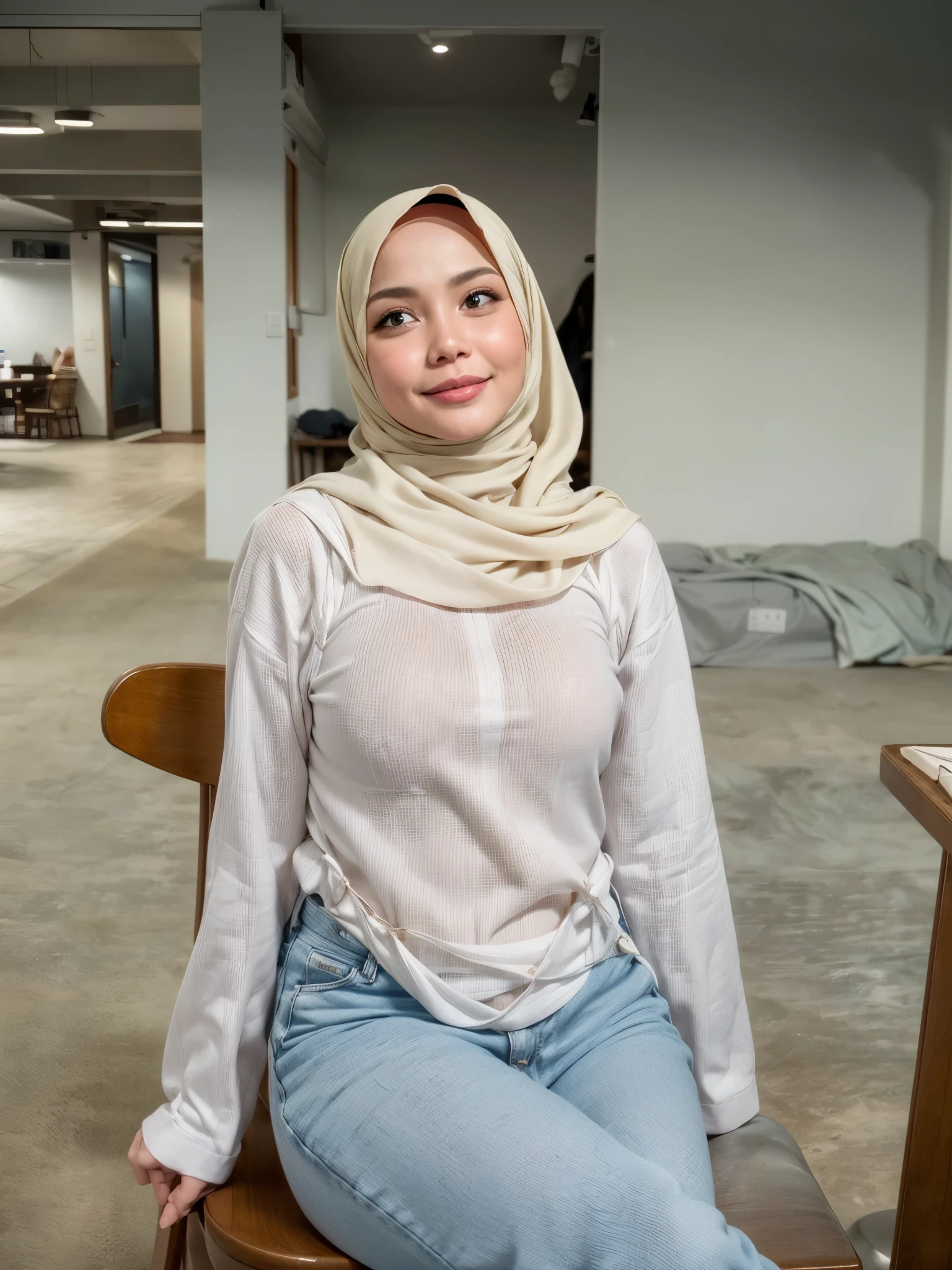 masterpiece, (ultra-high-definition portrait, vignet:1.4), Realistic, extremely detailed, CG unified, 8k, Clean lines, highly detailed, High-definition, raw color photos, she is smiling, Realistic portrait, Cinematic Light, Beautiful detailed, (1hijabgirl, indonesian:1.5), (165cm tall, big breasts with lips like he wants to kiss:1.5), Beautiful big breasts, breasts details, very tight, (Biggorgeous breast, Smiling:1.5), (Smiling, Big Breast:1.4), Close up of a girl in Beautiful clothes with errected nipple, biggorgeous breast, Soft smile, scarf, (Bombastic Side Eyes with curvaceous body:2), pose 4 of 1 6, Undress, No bra, (nipples that are clearly sticking out detail:1.2), Outdoors, high intricate detailed.