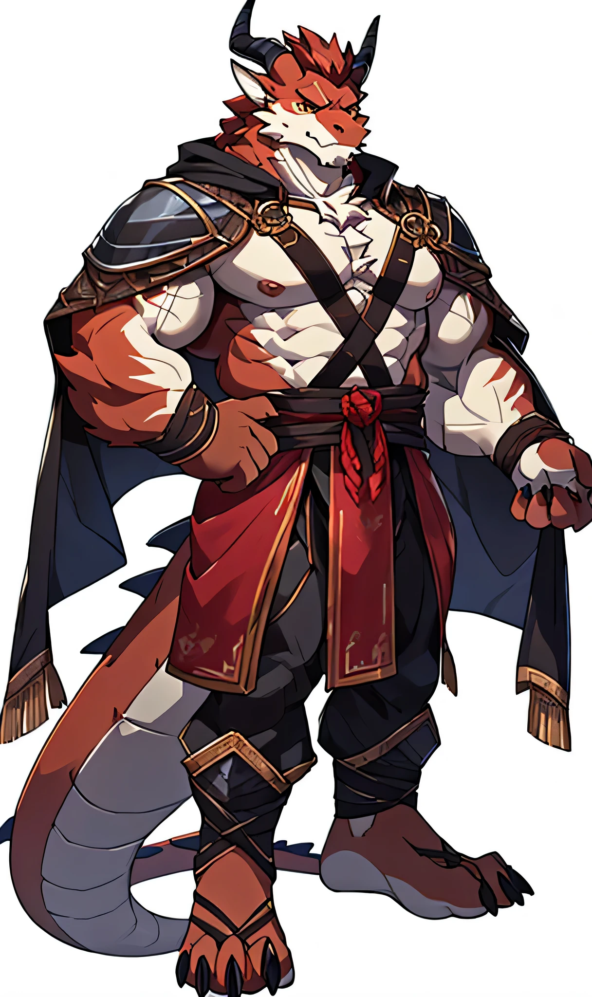 perfect ???????, (ultra deTailed), sharp focus, Eye, amber Eye, hairy, light white fur, There are brownish-red hairs on the head, Brownish-red beard, human nature (dragon), male, middle aged, orange-red body, white belly, Tail, black corner，brown-red eyebrows，Muscular and big, big man，???? ???????，knight clothing, red cherry long cloak, ultra deTailed face, depth of field, motion blur, high deTails, high quality, Award-winning, HD, 16K, (best quality,4K,8K,High resolution,masterpiece:1.2),ultra-deTailed,actual:1.37,HDR,UHD,studio lighting,extreme deTail description,professional,bright colors, ((masterpiece)), (((best quality))),(character design sheet, same characters, front, side, Back), illustration, environmental change scenarios, Chatongbetalora, (simple Background, white Background: 1.3) information，character design sheet，背面front侧面描绘