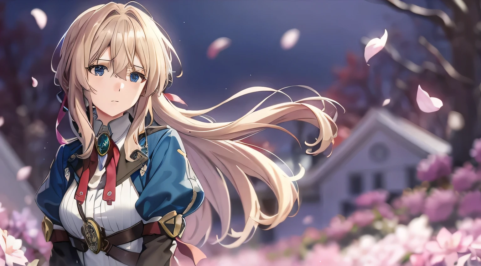 (Dynamic Angle:1.3),ventania,Movie highlights,Tyndall effect,1girll,Upper body,raised arm,view the viewer, , Extreme closeup,Violet_evergarden, Solo, jewelry, Expressionless,corsage, Blonde_Hair, Messy_Hair, Flowing hair length_Sleeves, ribbon, Blue_Eyes, Jacket, dress, Pedras preciosas, Hair_ribbon,sky, Depth_af_Field, Violet flower field, Flying purple petals,Motion blur, Masterpiece,
