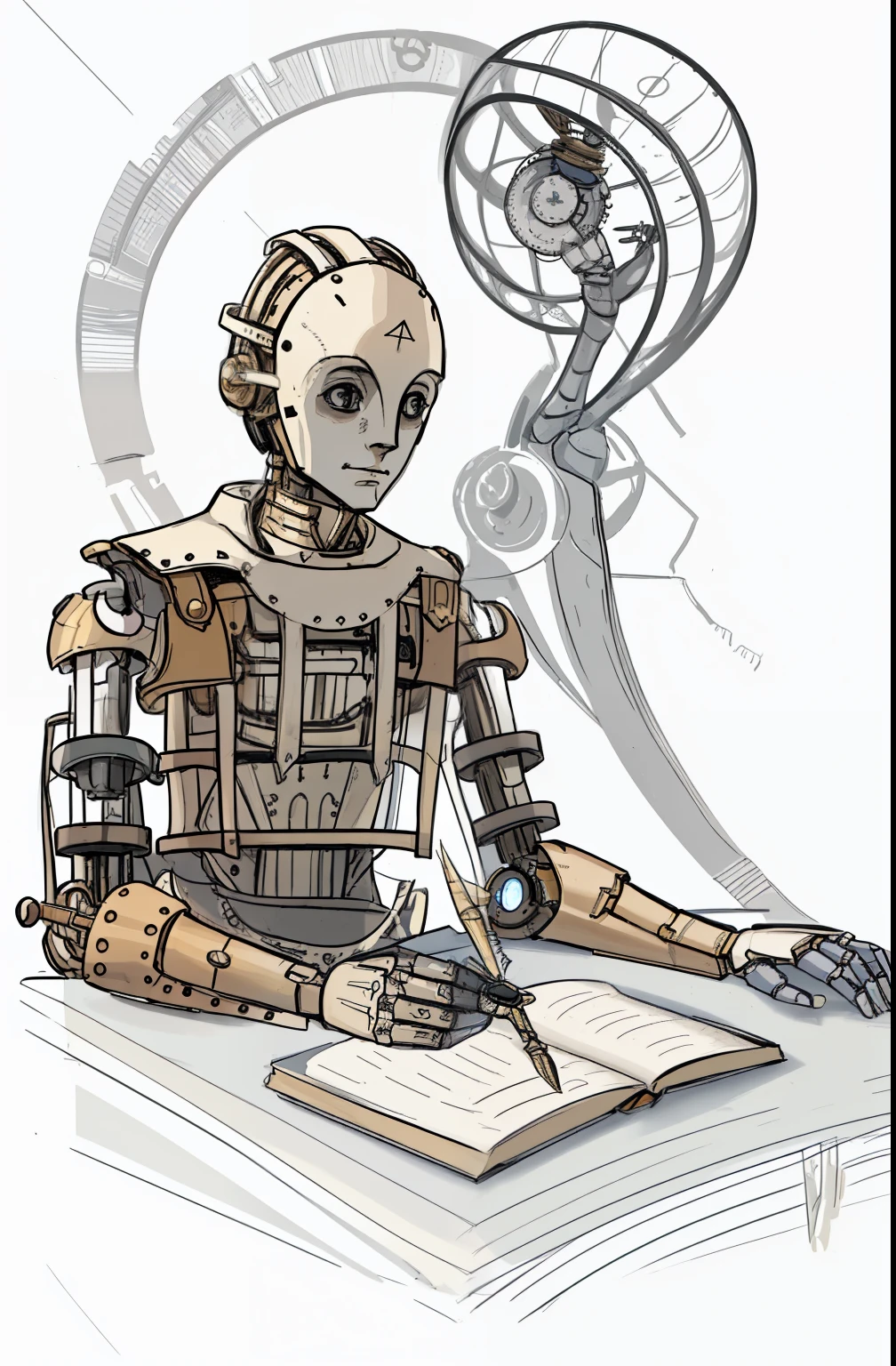 a drawing of a mechanical automaton sitting at a table with a book, Detailed humanoid, male automaton, humanoid portrait, portrait of an automaton adolescente, a portrait of an automaton, portrait of an automaton, portrait of an automaton, inspirado em Hugo Cabret, steampunk male automaton, retrato de um male automaton, retrato de um artista faminto de IA