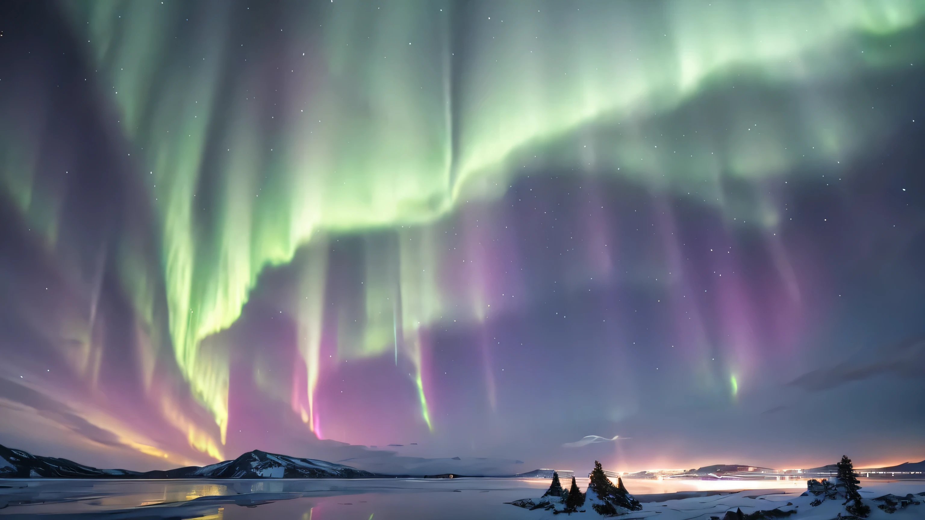 Create a breathtaking scene that combines the ethereal beauty of the aurora borealis with the fierce energy of a lightning storm, set against the backdrop of a vast ice field. The northern lights weave through the sky in vibrant greens and purples, while bolts of lightning add a dynamic burst of white light, reflecting off the ice below. This juxtaposition of the calm beauty of the aurora against the sudden, brilliant flashes of the storm captures the essence of nature's dual character. The scene should be set during the night, where the only light comes from the sky, casting the ice field in an otherworldly glow.