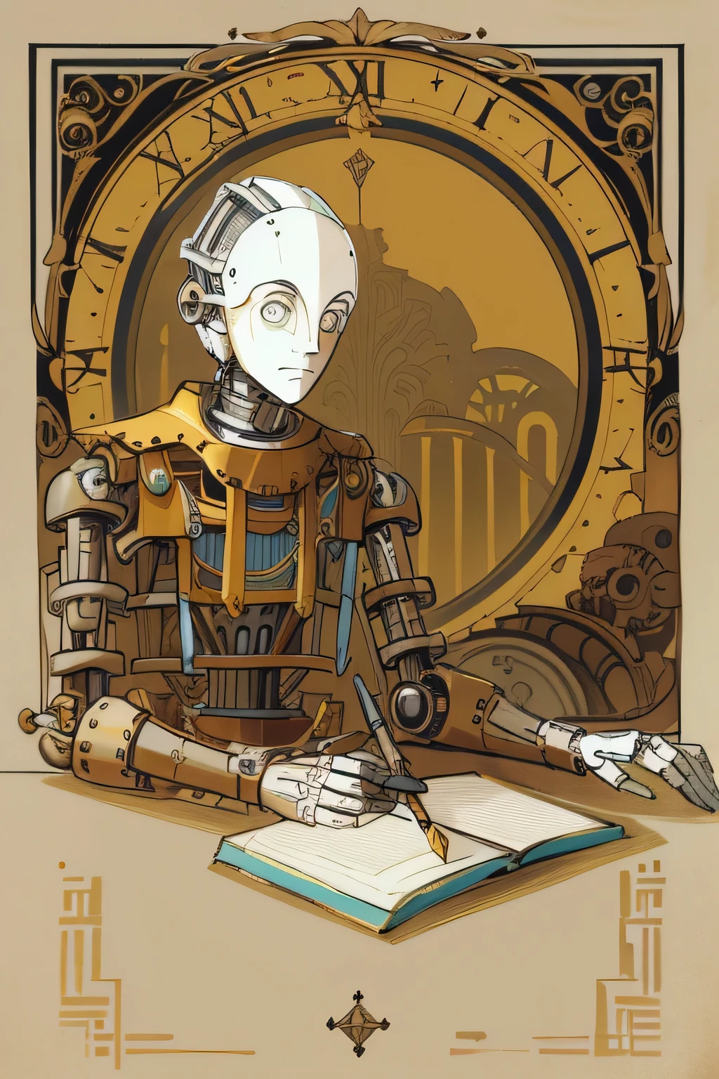 a drawing of a mechanical automaton sitting at a table with a book, Detailed humanoid, male automaton, humanoid portrait, portrait of an automaton adolescente, a portrait of an automaton, portrait of an automaton, portrait of an automaton, inspirado em Hugo Cabret, steampunk male automaton, retrato de um male automaton, retrato de um artista faminto de IA