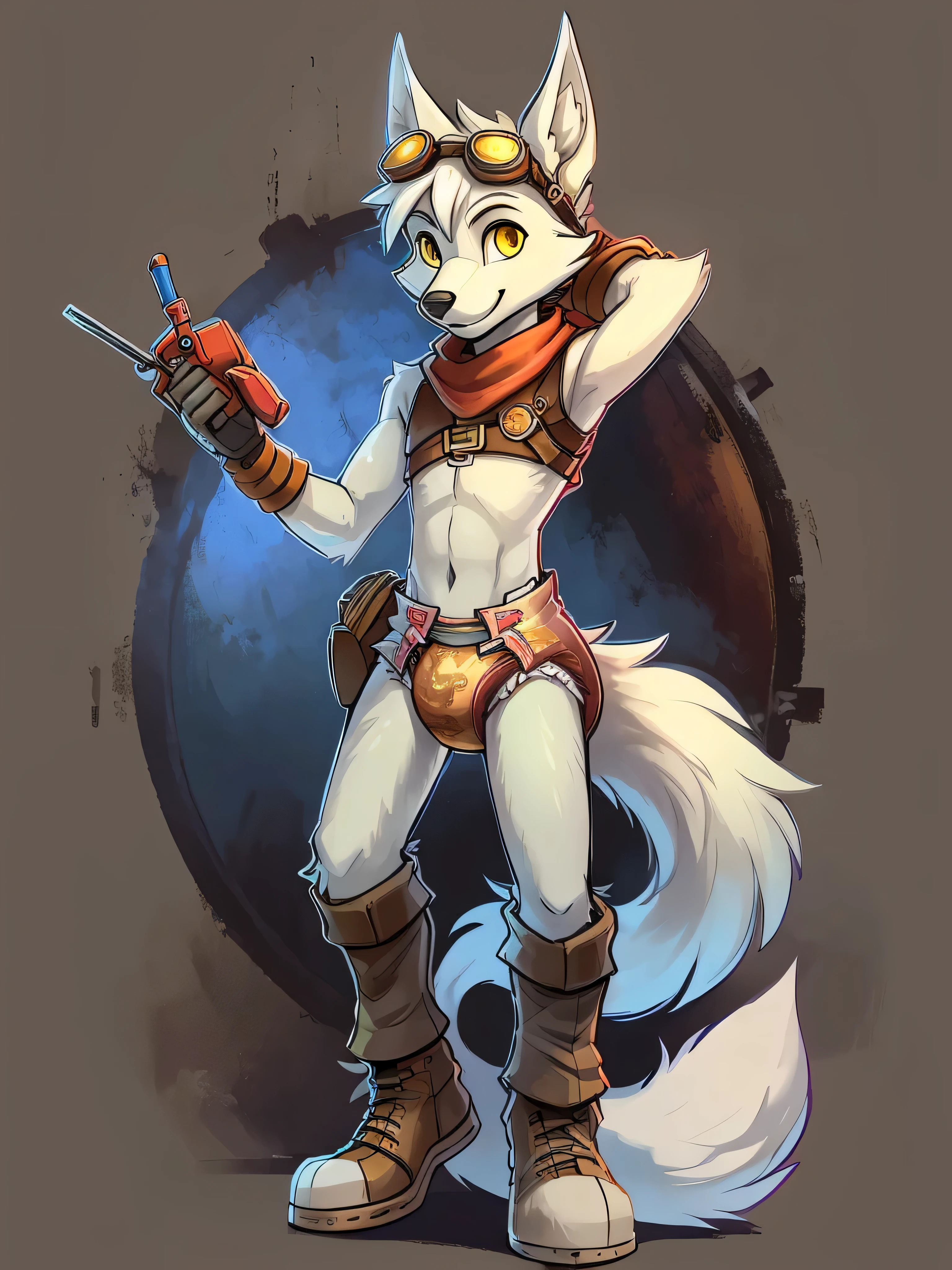 Male, arctic wolf, detailed yellow eyes, long tail, tinkerer, slim, sly, simple background, detailed plain diaper, tools, artificer, happy, goggles on head, steampunk