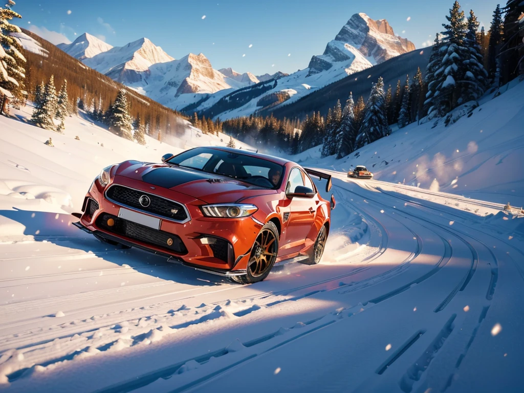(best quality,4k,8k,highres,masterpiece:1.2),ultra-detailed,(realistic,photorealistic,photo-realistic:1.37),HDR,UHD,studio lighting,ultra-fine painting,sharp focus,physically-based rendering,extreme detail description,professional,vivid colors,bokeh,racing car,running through snowy mountain road,portraits,landscape,concept artists,cold and vibrant colors,soft golden sunlight,pristine snow-covered peaks,twisting and winding road,adrenaline rush,tires kicking up snow,excitement in the air,blurred background of frost-covered trees,fast-paced action,intense concentration,sharp turns and hairpin bends,driver's determined expression,fluttering snowflakes in the air,the roar of the engine echoes in the mountains,a sense of speed and adventure,breathtaking scenery,thrilling race against nature's elements.