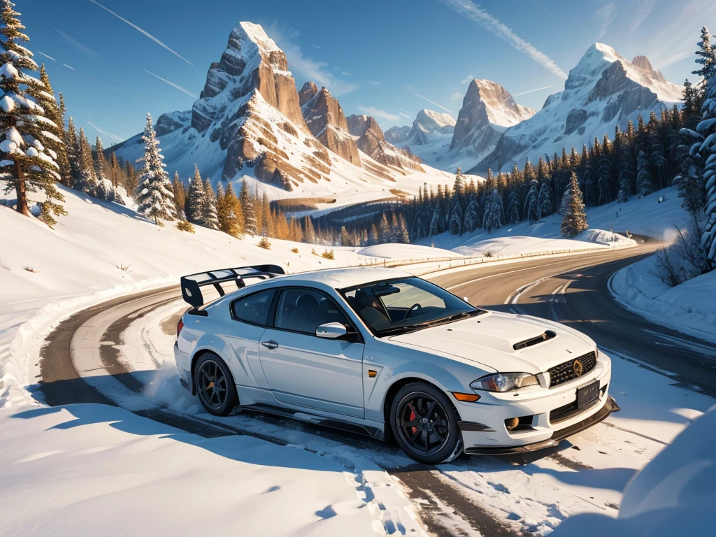 racing car, running through snowy mountain road, drift, 2 cars, snow smoke, female driver