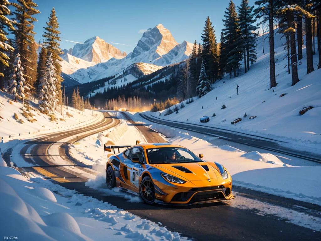 (best quality,4k,8k,highres,masterpiece:1.2),ultra-detailed,(realistic,photorealistic,photo-realistic:1.37),HDR,UHD,studio lighting,ultra-fine painting,sharp focus,physically-based rendering,extreme detail description,professional,vivid colors,bokeh,racing car,running through snowy mountain road,portraits,landscape,concept artists,cold and vibrant colors,soft golden sunlight,pristine snow-covered peaks,twisting and winding road,adrenaline rush,tires kicking up snow,excitement in the air,blurred background of frost-covered trees,fast-paced action,intense concentration,sharp turns and hairpin bends,driver's determined expression,fluttering snowflakes in the air,the roar of the engine echoes in the mountains,a sense of speed and adventure,breathtaking scenery,thrilling race against nature's elements.
