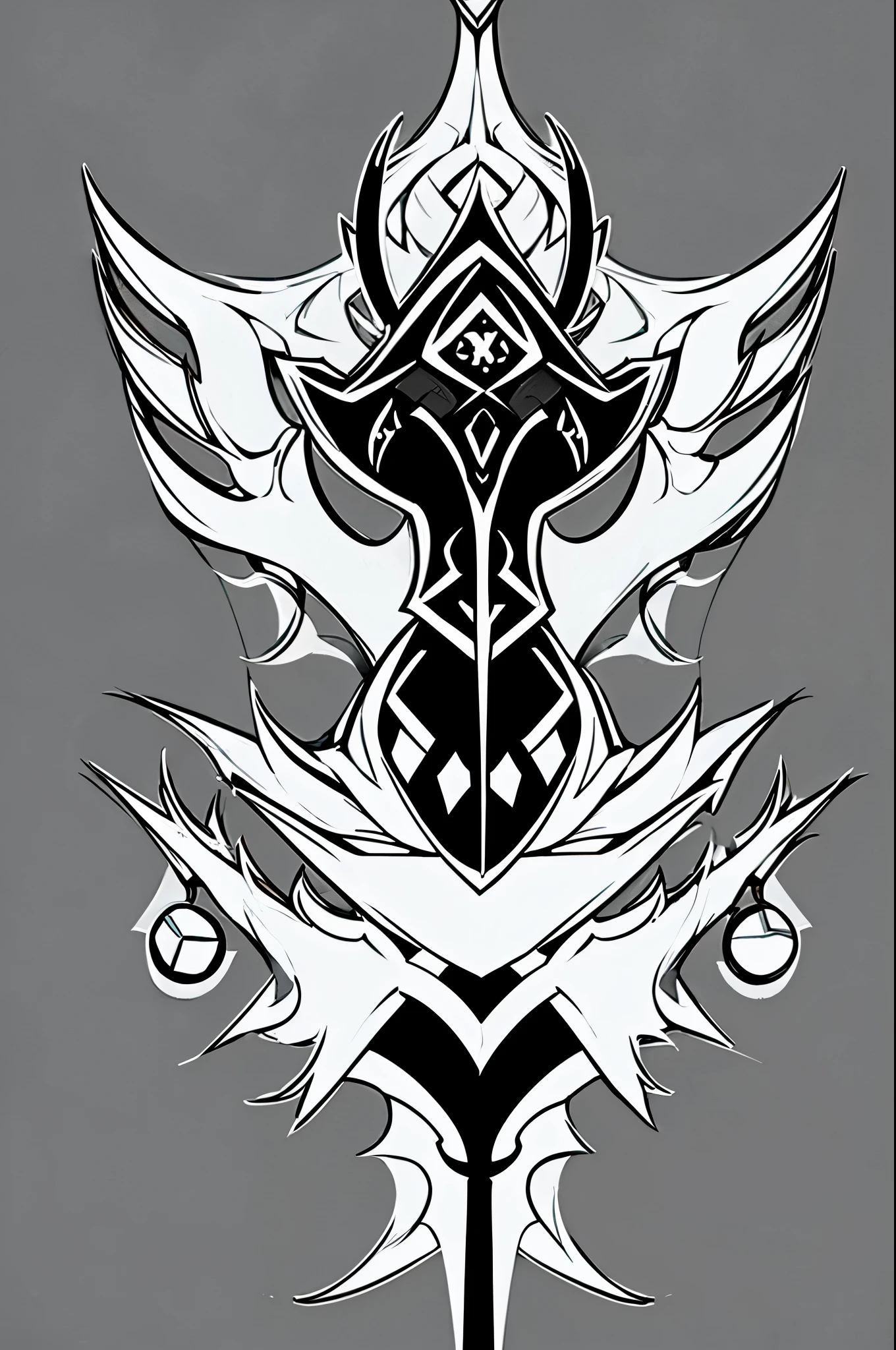 One BlazBlue style coat of arms about a demon, ice, sword, black and white, multiple parts, crest