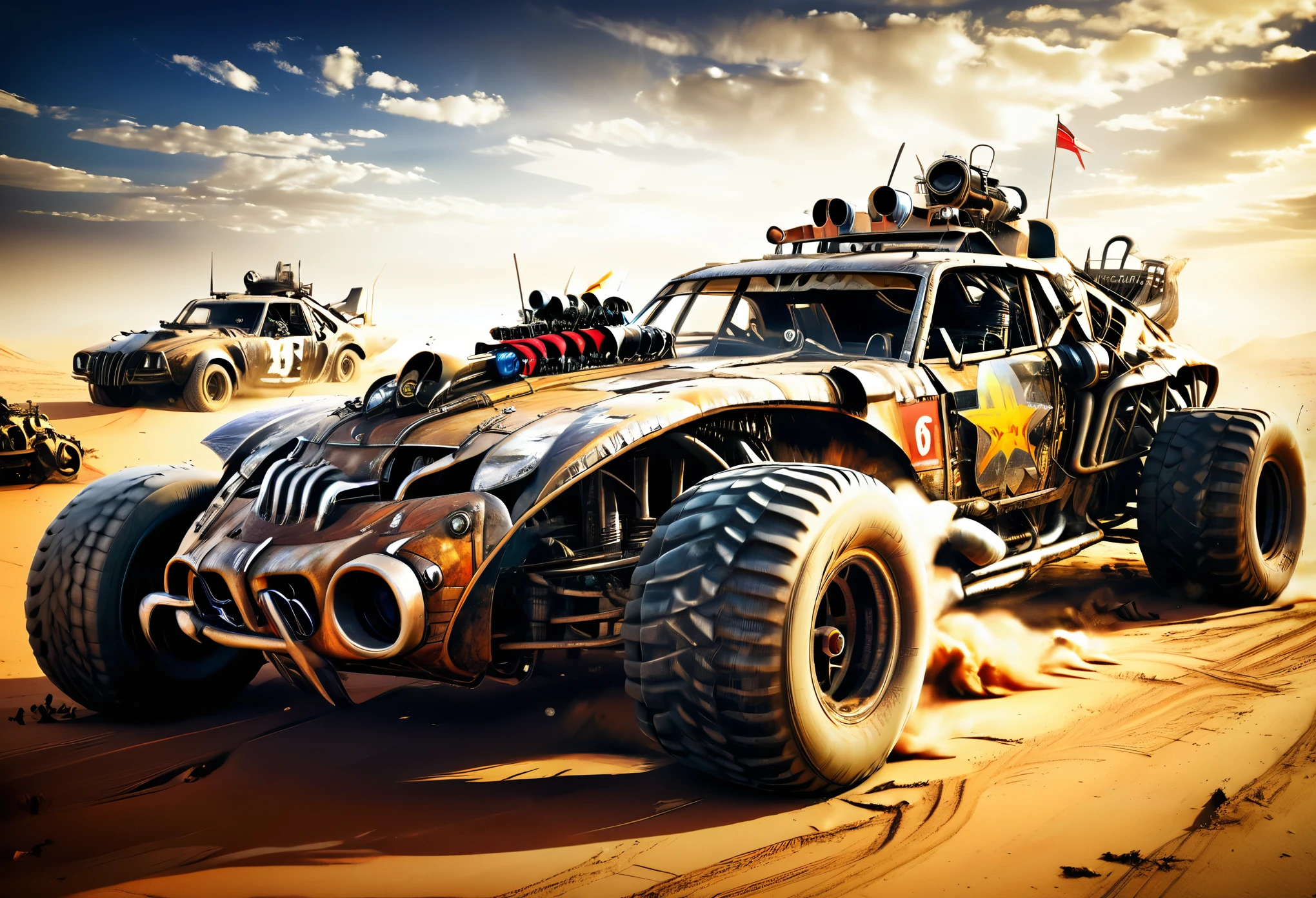 Racing Car:1.5, several mad max style cars, in the desert, among rubble, ((perfect, Meticulously detailed, impeccable: 1.4), ((Masterpiece)), (Hyper-detailed: 1.3), (Photorealistic: 1.4) , epic, night: 1.3, darkness: 1.3, long shot: 1.3, light from explosions, 32k.