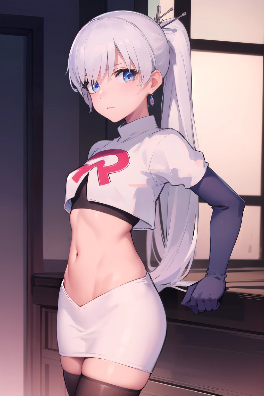 weissschnee, weiss schnee, long hair, blue eyes, hair ornament, ponytail, white hair, side ponytail, scar, tiara, scar on face, scar across eye,
BREAK jewelry, earrings, team rocket,team rocket uniform, red letter R, white skirt,white crop top,black thigh-highs,black elbow gloves
BREAK looking at viewer, (cowboy shot:1.5),
BREAK (masterpiece:1.2), best quality, high resolution, unity 8k wallpaper, (illustration:0.8), (beautiful detailed eyes:1.6), extremely detailed face, perfect lighting, extremely detailed CG, (perfect hands, perfect anatomy),