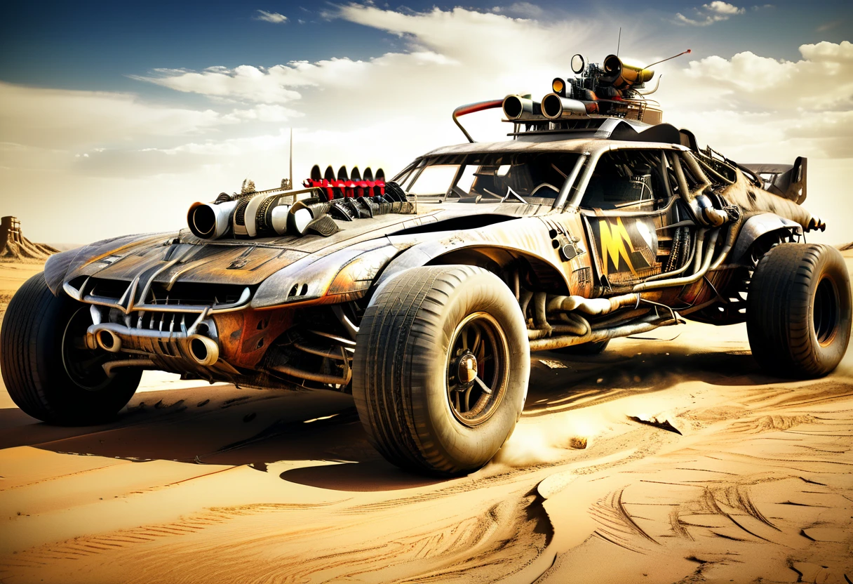 Racing Car:1.5, several mad max style cars, in the desert, among rubble, ((perfect, Meticulously detailed, movie-like impeccable: 1.4), ((Masterpiece)), (Hyper-detailed: 1.3), (Photorealistic: 1.4), epic, night: 1.3, darkness: 1.3, long shot: 1.3, light from explosions, 32k.