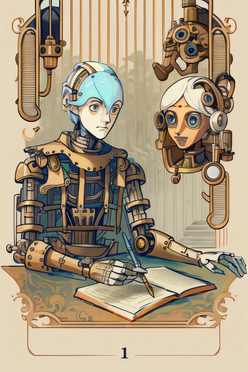 a drawing of a mechanical automaton sitting at a table with a book, Detailed humanoid, male automaton, humanoid portrait, portrait of an automaton adolescente, a portrait of an automaton, portrait of an automaton, portrait of an automaton, inspirado em Hugo Cabret, steampunk male automaton, retrato de um male automaton, retrato de um artista faminto de IA