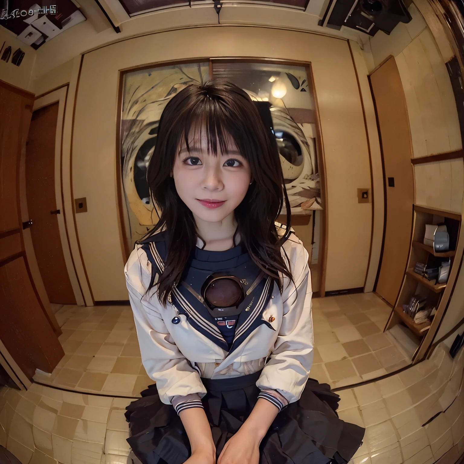 (Photographed through a fisheye lens:1.75) 8k, highest quality, masterpiece, realistic, Super detailed, photo realistic, hyper realistic, smoother lighting, Improve the quality of cinematic lighting, realistic lighting, Backlight, bright light, Improvement of quality, highest quality real texture skin、(Sailor suits and skirts:1.4)1 japanese girl, alone, cute, smile, (brown eyes), natural face, (hair of prostitute:1.3,) (in a dimly lit room) (There is only a single bed,) (spread your legs and do something revealing about yourself:1.25,) (At night,) (erotic, enchanting atmosphere:1.55)、big breasts、(ecstasy:1.55)、bust shot