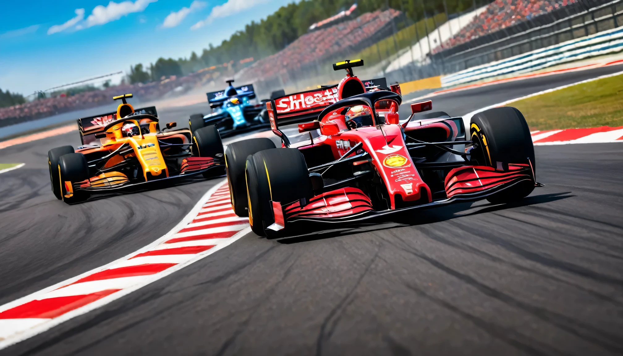Formula racing scene, bright colors, high speed movement, Detailed car, Intense competition, realistic track, Professional driver, Stylish design, powerful engine, dynamic angle, Top quality rendering, motion blur, adrenaline, roaring engine, Skilled operation, Checkered flag, Pitted, tire tracks, Precise control, narrow corner, High-performance vehicles, aerodynamic shape, Cockpit view, Speedometer, racing helmet, Sponsor logo