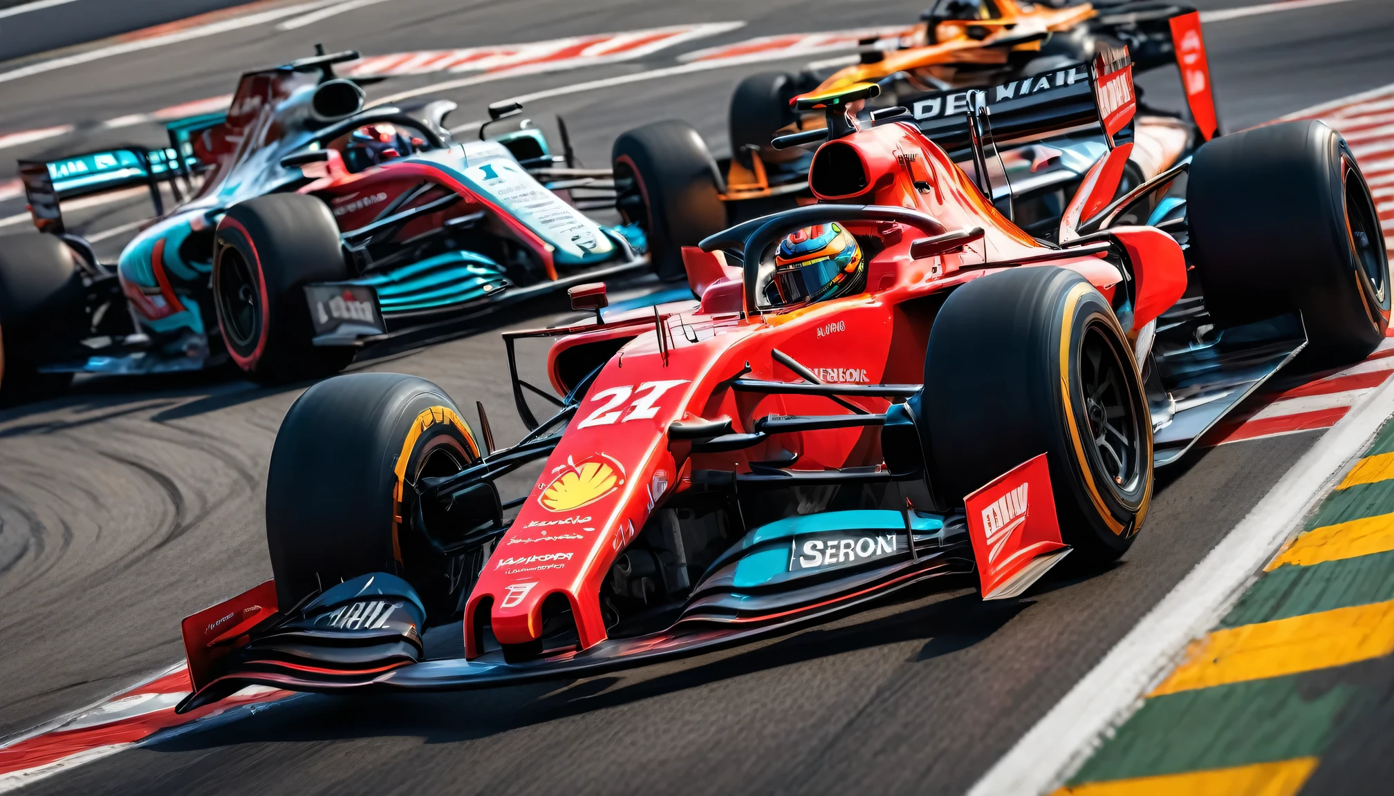 Formula racing scene, bright colors, high speed movement, Detailed car, Intense competition, realistic track, Professional driver, Stylish design, powerful engine, dynamic angle, Top quality rendering, motion blur, adrenaline, roaring engine, Skilled operation, Checkered flag, Pitted, tire tracks, Precise control, narrow corner, High-performance vehicles, aerodynamic shape, Cockpit view, Speedometer, racing helmet, Sponsor logo