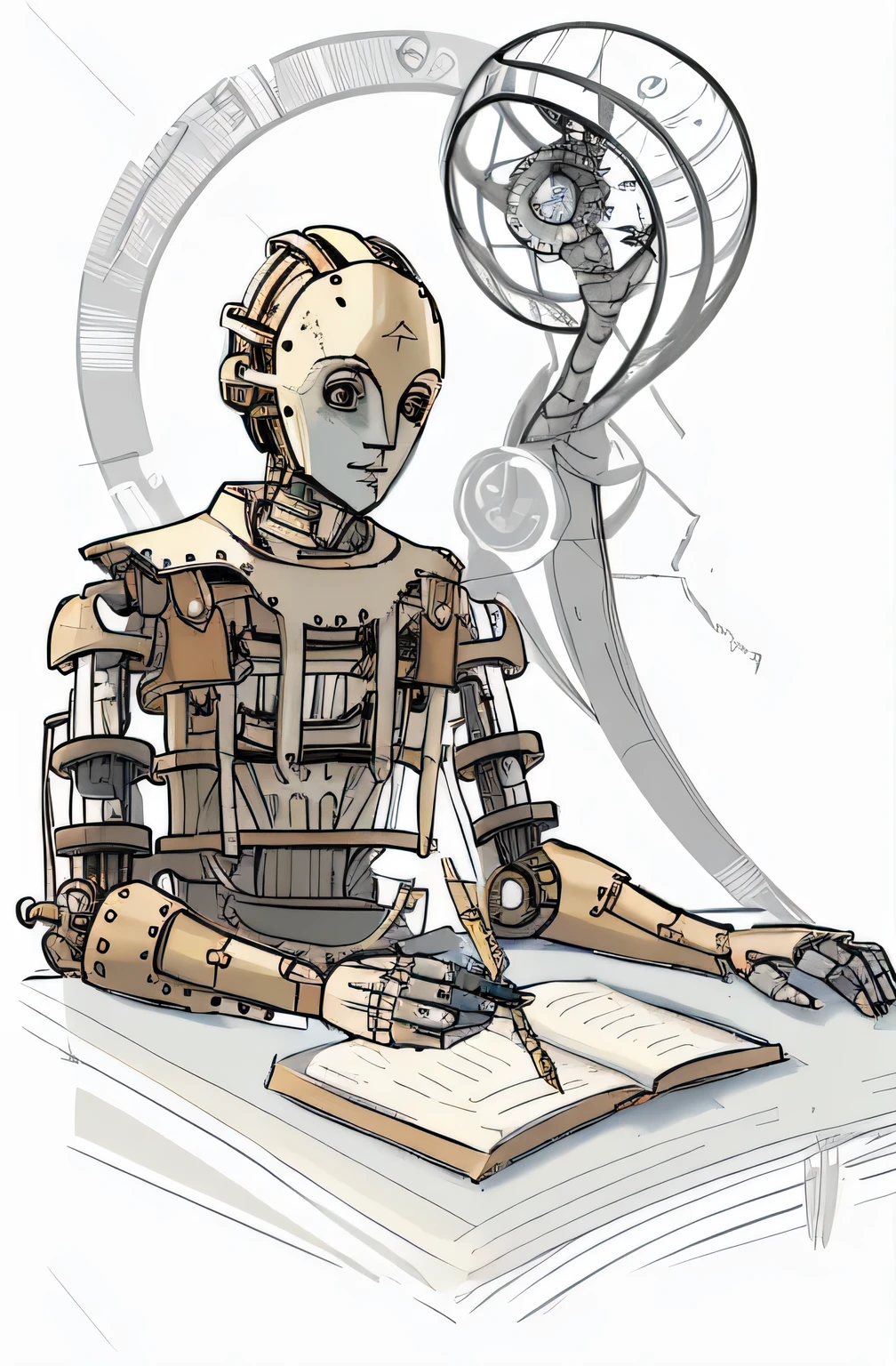 a drawing of a mechanical automaton sitting at a table with a book, Detailed humanoid, male automaton, humanoid portrait, portrait of an automaton adolescente, a portrait of an automaton, portrait of an automaton, portrait of an automaton, inspirado em Hugo Cabret, steampunk male automaton, retrato de um male automaton, retrato de um artista faminto de IA