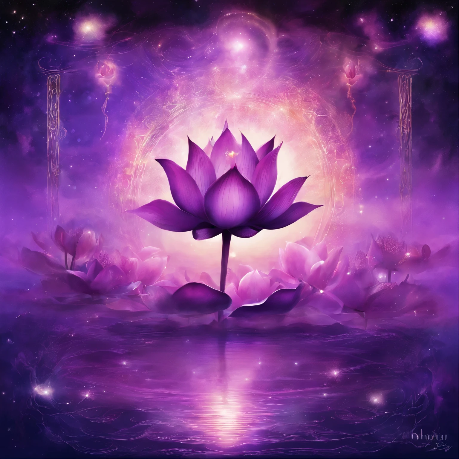 lotus, artistic conception, Purple,shrouded in mist,Light shines directly from above,card,tarot cards