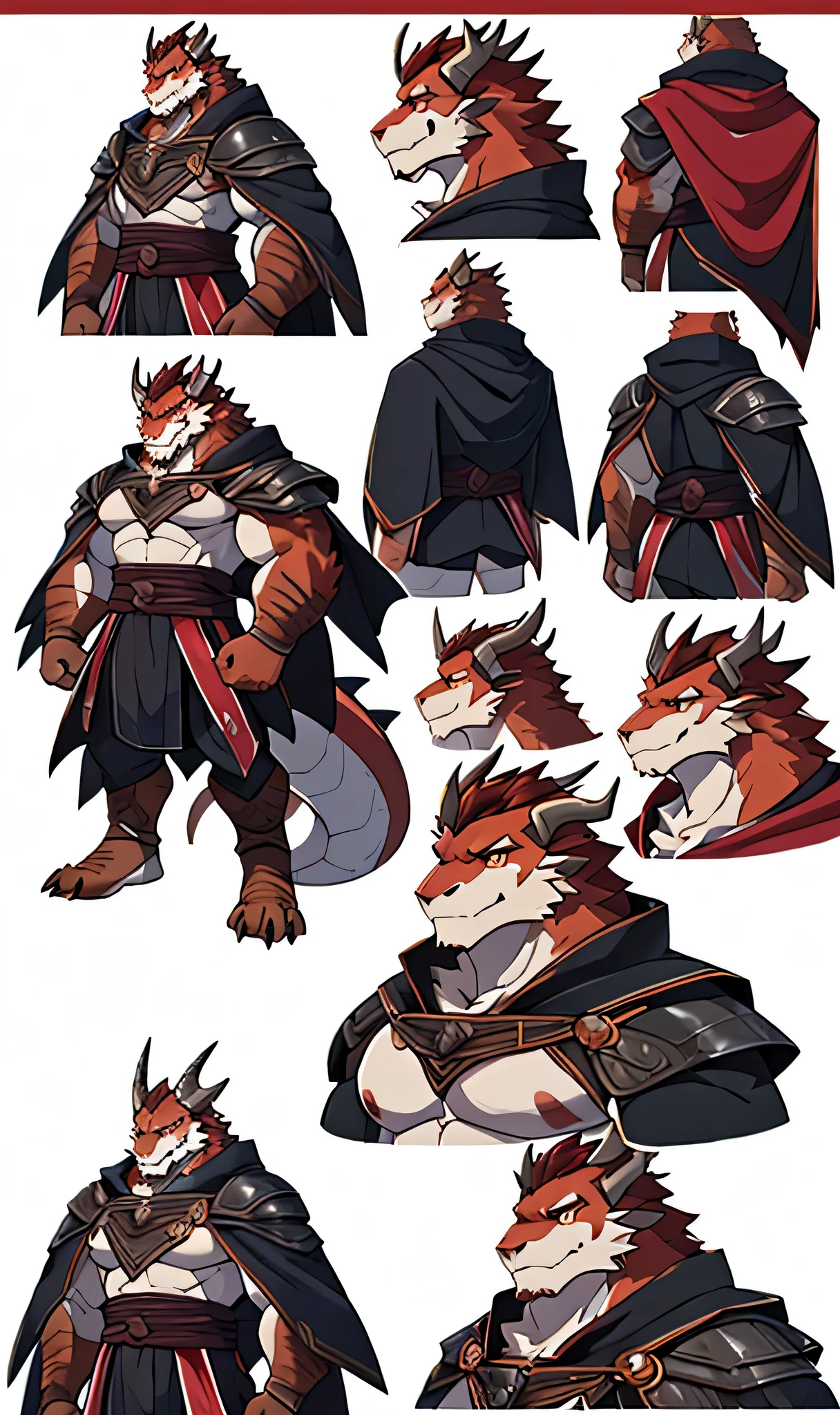 perfect anatomy, (ultra deTailed), sharp focus, Eye, amber Eye, hairy, light white fur, There are brownish-red hairs on the head, Brownish-red beard, human nature (dragon), male, middle aged, orange-red body, white belly, Tail, black corner，brown-red eyebrows，Muscular and big, big man，bare breasts，knight clothing, red cherry long cloak, character design sheet，ultra deTailed face, depth of field, motion blur, high deTails, high quality, Award-winning, HD, 16K, (best quality,4K,8K,High resolution,masterpiece:1.2),ultra-deTailed,actual:1.37,HDR,UHD,studio lighting,extreme deTail description,professional,bright colors, ((masterpiece)), (((best quality))),(character design sheet, same characters, front, side, Back), illustration, environmental change scenarios, Chatongbetalora, (simple Background, white Background: 1.3) information，character design sheet