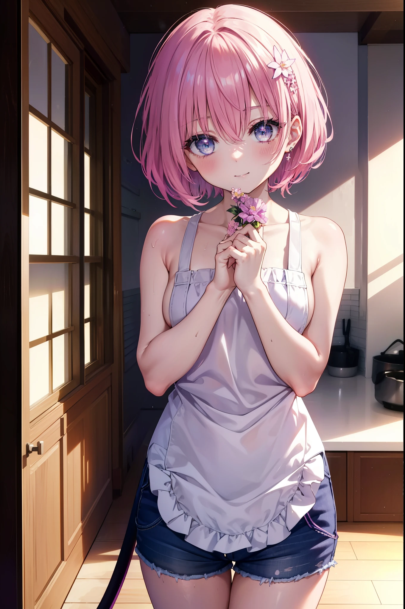 Momodeviluke, Deviluke type, demon tail, hair flower, hair ornaments, (purple eyes:1.1),smile,blush,happy atmosphere,open your mouth, pink hair, short hair, tail, smile,Tank top,naked neck,shorts,apron,barefoot,cook in the kitchen、フライパンでパスタを調理する
break indoors, kitchen,
break looking at viewer, (cowboy shot:1.5),
break (masterpiece:1.2), highest quality, High resolution, unity 8k wallpaper, (figure:0.8), (beautiful detailed eyes:1.6), extremely detailed face, perfect lighting, extremely detailed CG, (perfect hands, perfect anatomy),