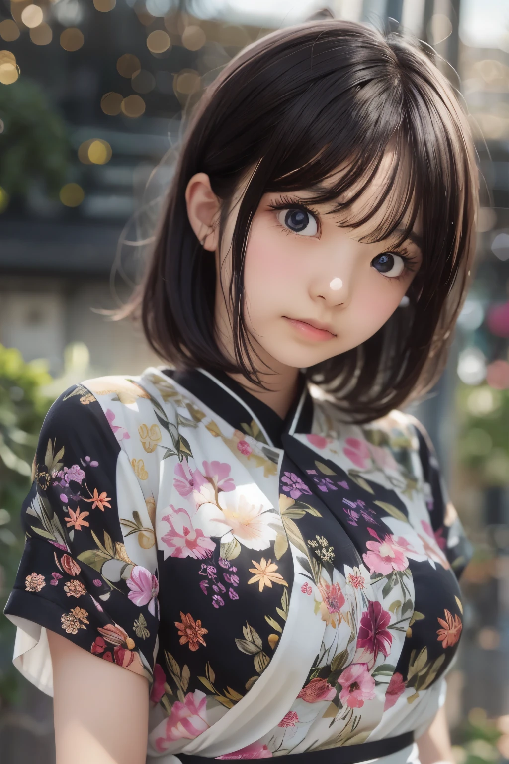 (masterpiece, Highest quality:1.4), Beautiful Face, 8K, 85mm, Absurd, (Jet black floral yukata:1.2), Face close-up, violet, Gardenia, Delicate girl, alone, night, View your viewers, Upper Body, Film Grain, chromatic aberration, Sharp focus, Face Light, Professional Lighting, Sophisticated, (smile:0.4), (Simple Background, Bokeh Background:1.2), detailed aspects,(Show one breast:1.2)((Very young and immature & Very few & Very flat chest:1.2),(Very small and very shiny shaved pussy:1),