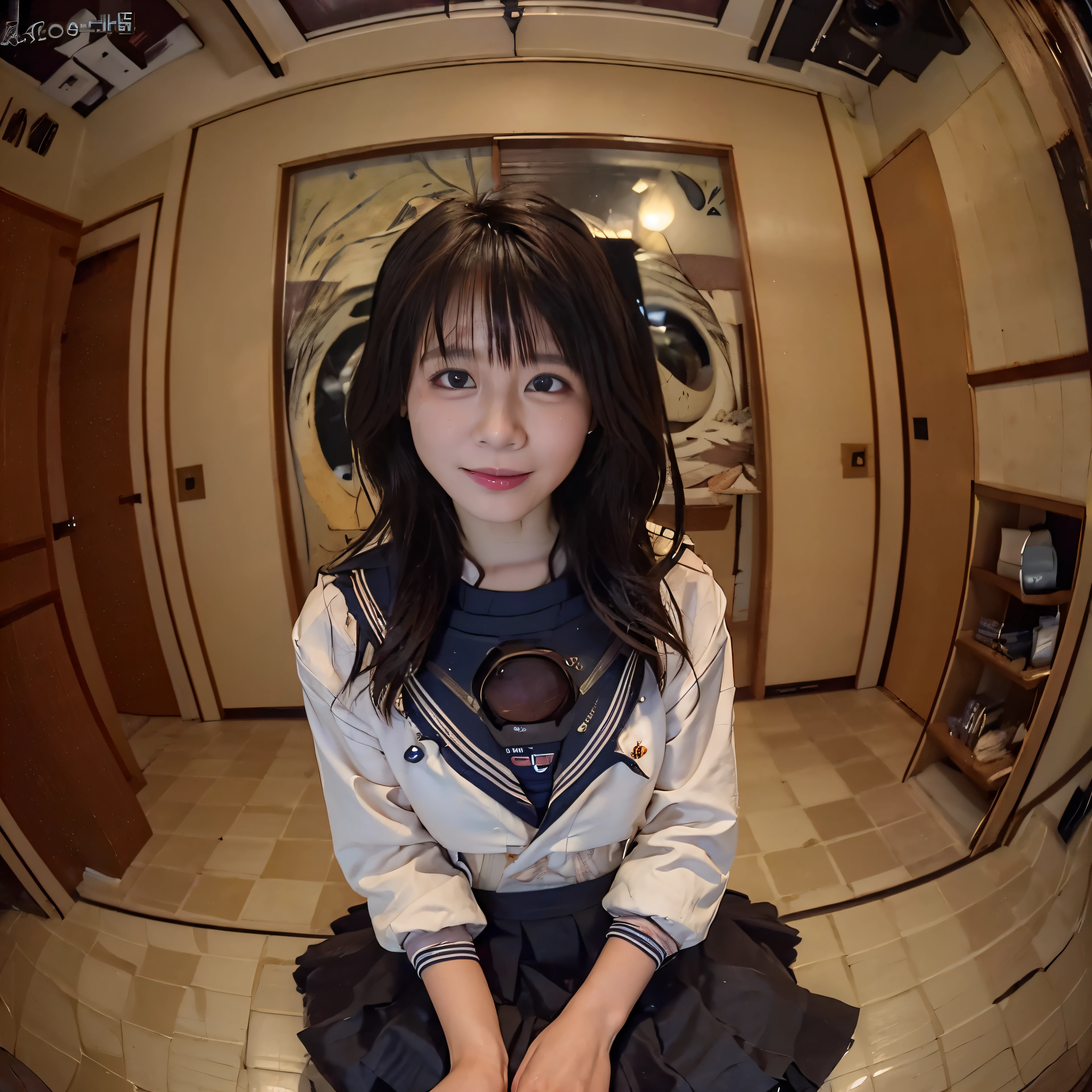 (Photographed through a fisheye lens:1.75) 8K, highest quality, masterpiece, realistic, Super detailed, photo realistic, hyper realistic, smoother lighting, Improve the quality of movie lighting, realistic lighting, Backlight, bright light, Improvement of quality, highest quality real texture skin、(Sailor suits and skirts:1.4)1 Japanese girl, alone, cute, smile, (brown eyes), natural face, (whore hair:1.3,) (in a dimly lit room) (There is only a single bed,) (do something that reveals something about yourself by spreading your legs apart:1.25,) (At night,) (erotic, enchanting atmosphere:1.55)、big breasts、(ecstasy:1.55)、bust shot
