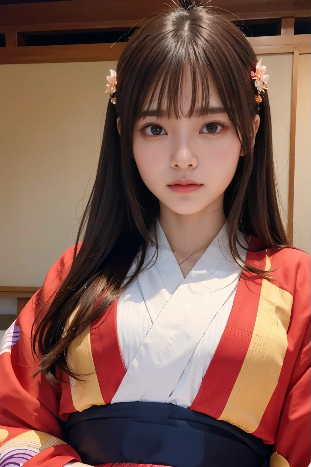 Random pose、top quality、ultra high resolution、(Realism:1.5)、1 girl、Gorgeous kimono、(brown hair:1.2)、‎Classroom、looking at the audience、close up、Whole BodyEsbian、nasty eyes