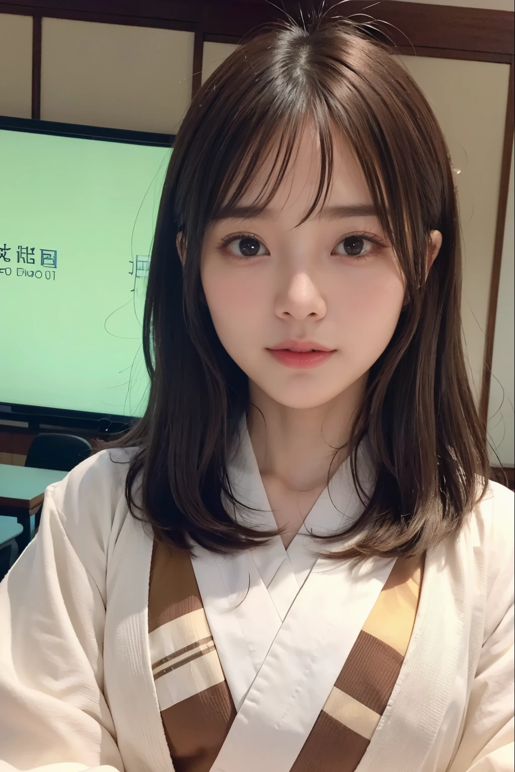 Random pose、top quality、ultra high resolution、(Realism:1.5)、1 girl、Gorgeous kimono、(brown hair:1.2)、Classroom、looking at the audience、close up、Whole BodyEsbian、nasty eyes