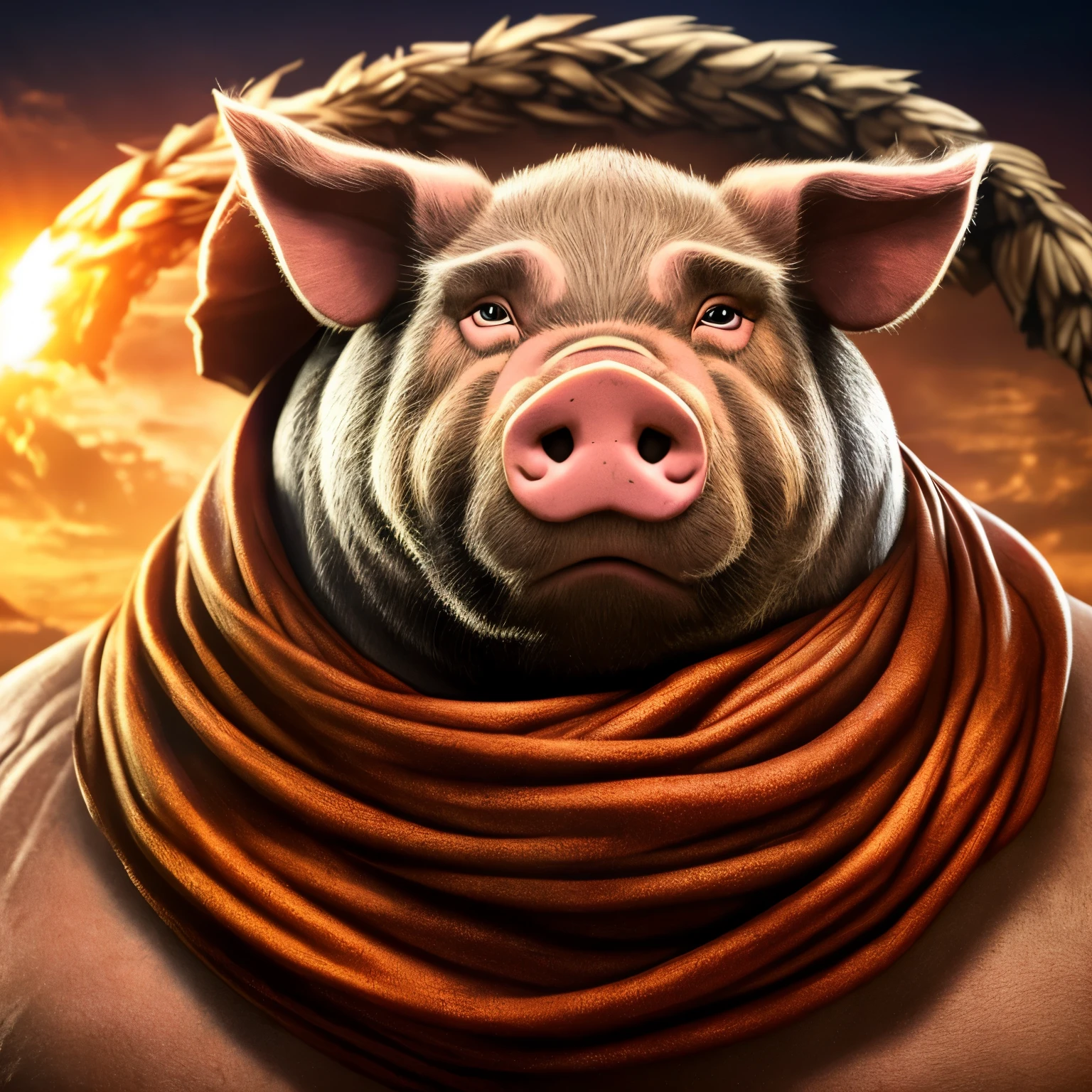 Create a pig for a logo of a brand owned by a company with a wrinkled and scowling face, furrowed eyebrows, and small, angry eyes. His fangs are exposed, revealing his irritation. His body is muscular and robust, with defined muscles visible under his skin. He is standing in a defiant pose, with his fists clenched and arms crossed over his chest. Wearing a scarf around his neck adds a touch of style to his angry look.

Detailed description:
This high-definition, 8k image showcases an angry pig for a logo design. With a wrinkled snout and scowling expression, his furrowed eyebrows and small,