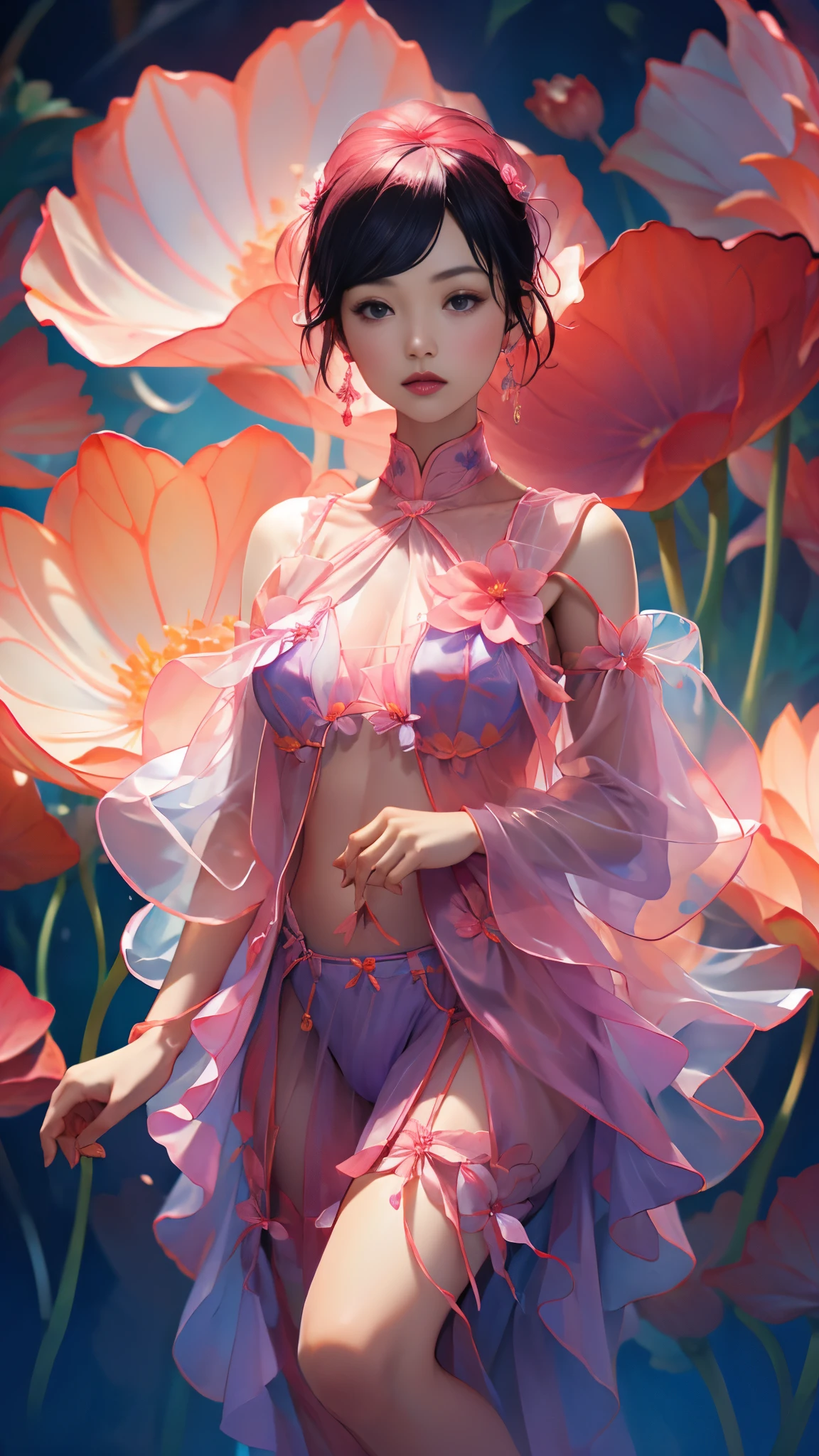 una imagen de una hermosa mujer cubierta de flores, Al estilo del rastreo vray., escenas de nieve, fluid, esculturas de vidrio, macro de zoom, Contemporary Chinese Art, realista, retratos emotivos, gotas de agua, (mostrando panties lingerie:1.4), (colores brillantes), (flores pink y violet :1.4) 
 