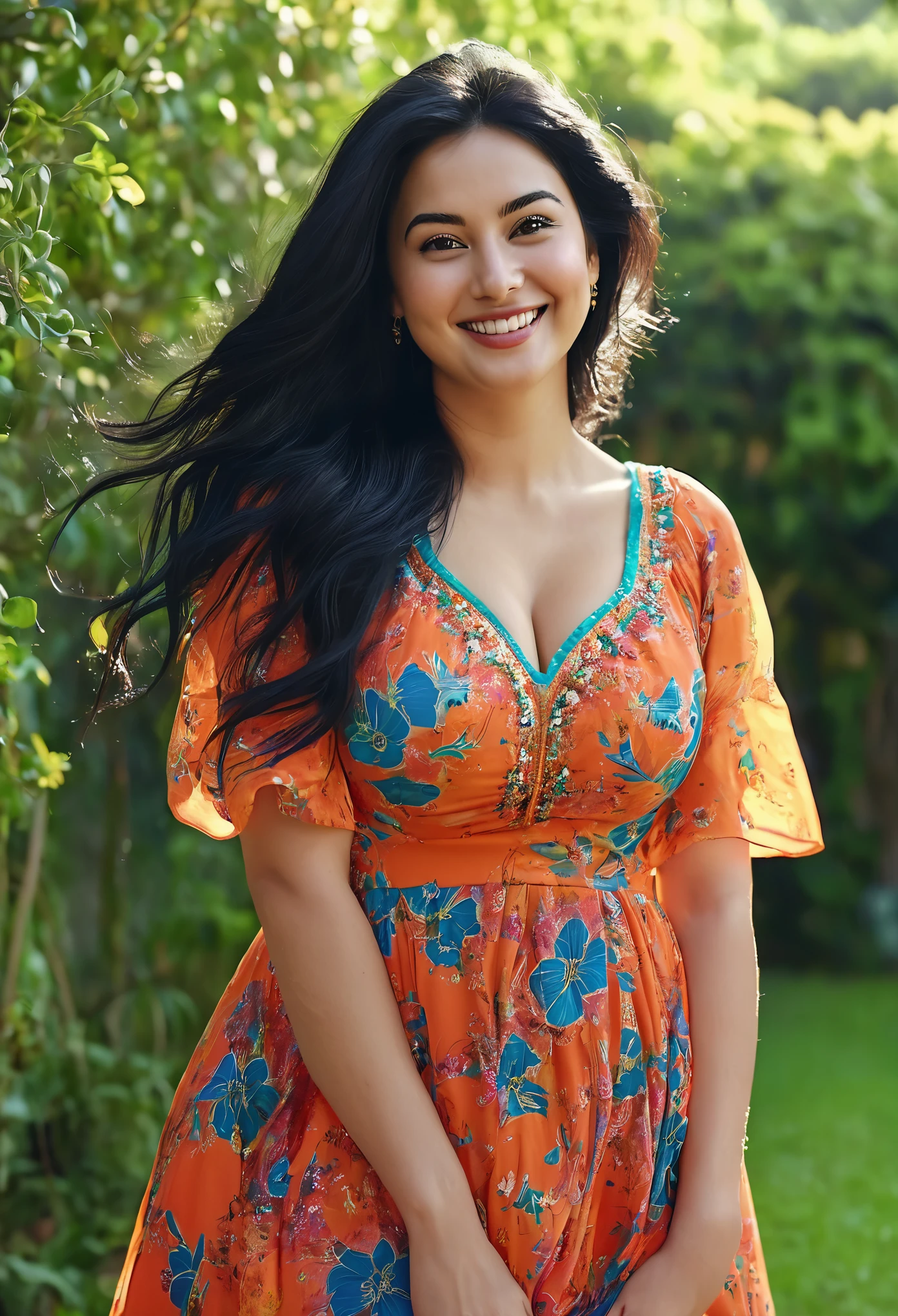 A beautiful 28 years old girl. She has long black hairs and dimples on cheeks. She is wearing beautiful vibrant dress. She is smiling .and strong 36 thighs. Curvy figure. Realistic image captured in Sony UHC 800. The environment is cool and calming. In the soft embrace of dreams there is a moment of tranquility