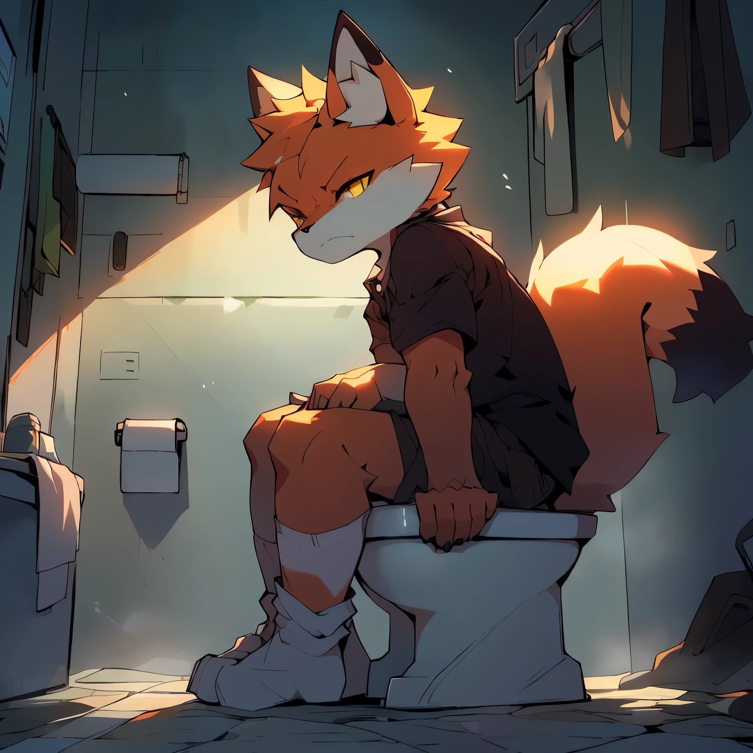 orange fox,serious expression,yellow eyes,nudity,exposure,closing eyes,serious expression,white socks,bathroom toilet background,change clothes,penis,Sitting on the toilet,oral-