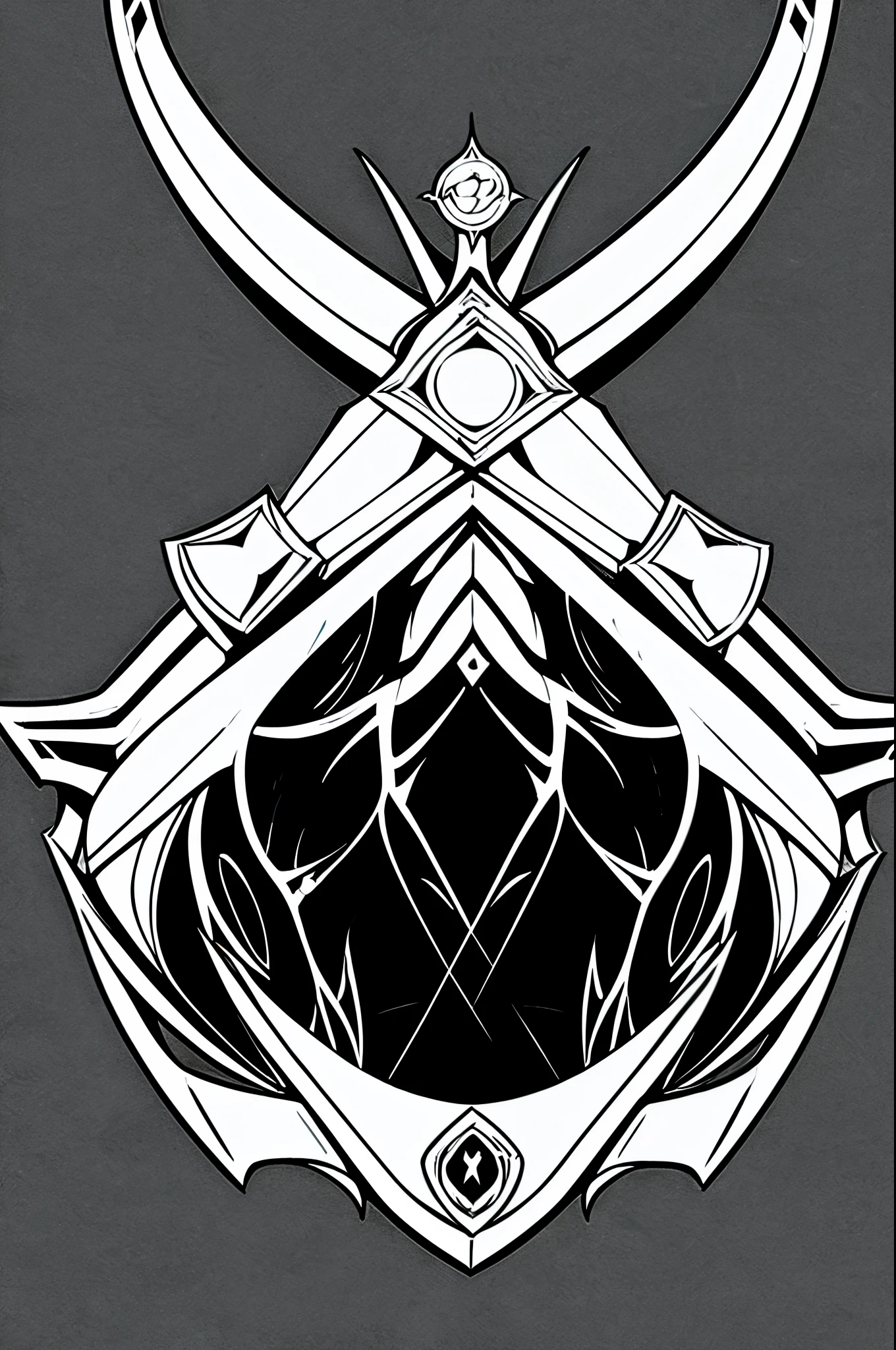 One BlazBlue style coat of arms about a demon, ice, sword, black and white, multiple parts, crest