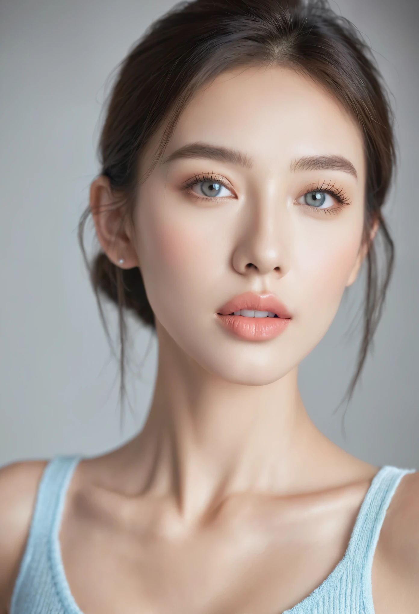 Fashion model 25 years old, [[[[close up]]]], [[[[Chest]]]], [[[[neck]]]], [[[[Shoulder]]]], perfect eyes, perfect iris, perfect lips, perfect teeth, Perfect skin, Soft headlight, glow, high dynamic range, (pastel colors:1.2)