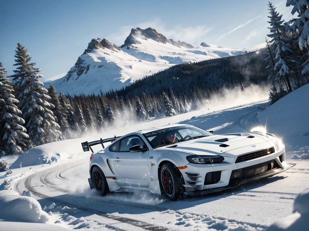 racing car, running through snowy mountain road, drift, 2 cars, snow smoke, female driver