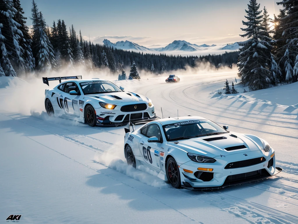 racing car, running through snowy mountain road, drift, 2 cars, medium:3D rendering, (best quality,4k,8k,highres,masterpiece:1.2), ultra-detailed, (realistic,photorealistic,photo-realistic:1.37), HDR, UHD, studio lighting, extreme detail description, professional, vivid colors, bokeh, speed, dynamic, winter landscape, (icy, snowy:0.9) surface, blue sky, white clouds, sharp turns, adrenaline rush, icy mist, snow-covered trees, headlights piercing the darkness, roaring engines, tire marks, fast-paced action, motion blur, intense competition, excitement, victory.