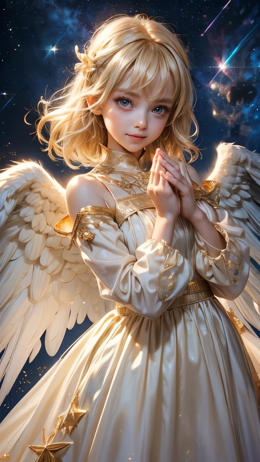 beautiful angel, gentle smile, big eyes, blonde, Hide your chest, A neat dress with loose sleeves, Angel wings on the back, A god with many sparkling stars々new background, Prayer-like pose, Face and body facing straight forward, looking at the camera, photorealistic