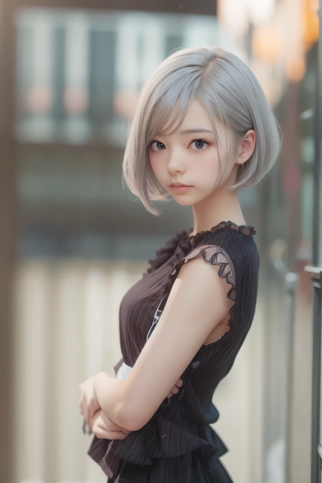 ((sfw: 1.4)), ((sfw, extra short hair, sidelocks-hair, 1 Girl)), Black Hair, (Japanese)), (Blouse), (((Front, Young Face))), (Depth of Field), Ultra High Resolution, (Realistic: 1.4), RAW Photo, Upper Body