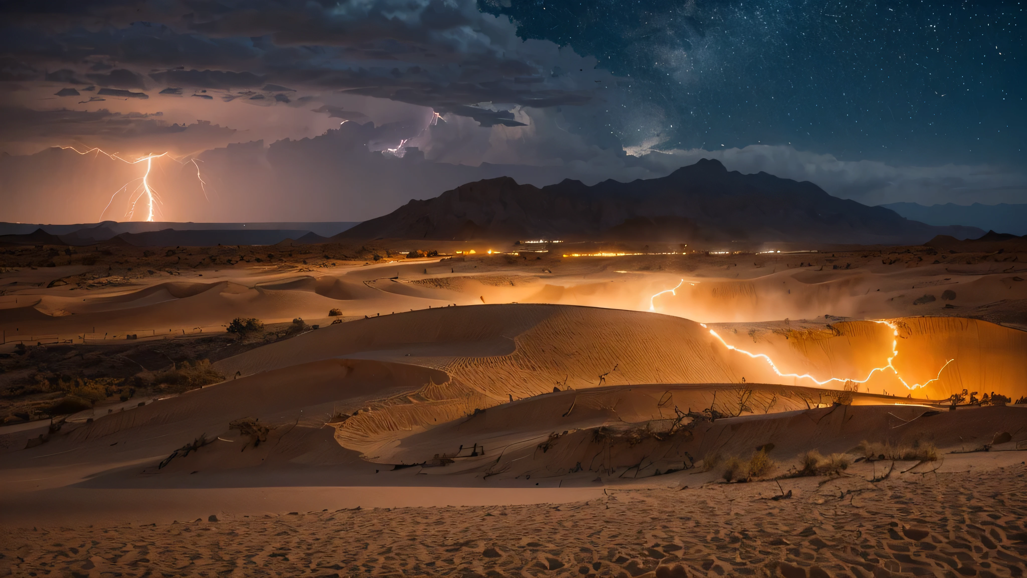 Visualize a night storm scene where powerful lightning bolts dance across the sky above towering sand dunes. The unique landscape of the desert is transformed under the night storm, with each lightning strike revealing the intricate patterns and shapes of the dunes. The sky is a dramatic canvas of dark clouds and electric flashes, with the occasional silhouette of a distant mountain range. The ground reflects the lightning’s glow, casting long shadows and highlighting the textures of the sand. This image captures the rare and astonishing beauty of a storm in one of the most unique landscapes on Earth.