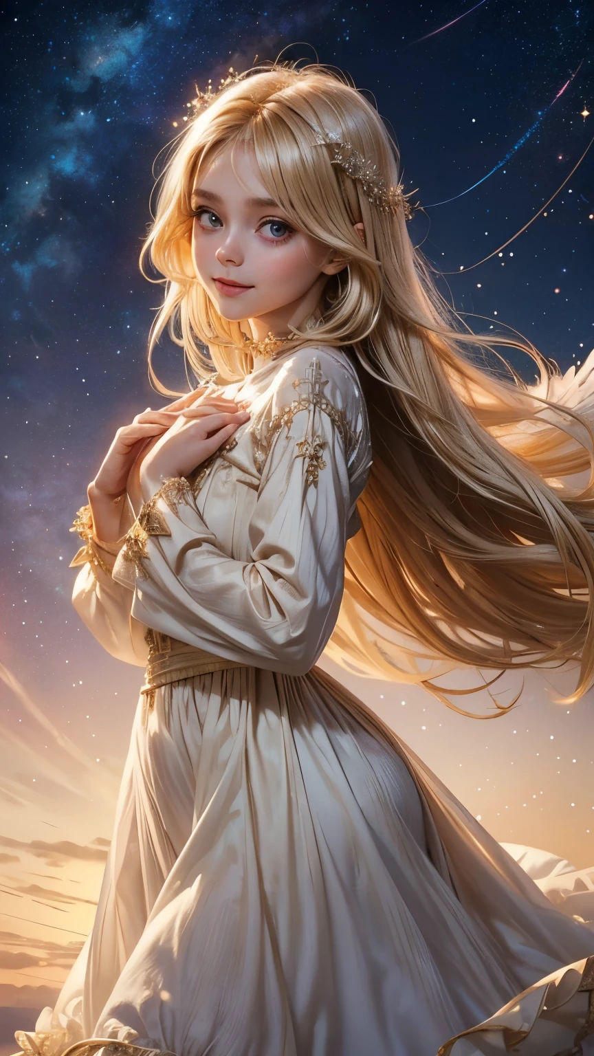 beautiful toddler girl cupid, facing straight at viewer, body facing front at viewer, gentle smile, big eyes, blonde, Hide your chest, A neat dress with loose sleeves, A god with many sparkling stars々new background, Prayer-like pose, photorealistic,