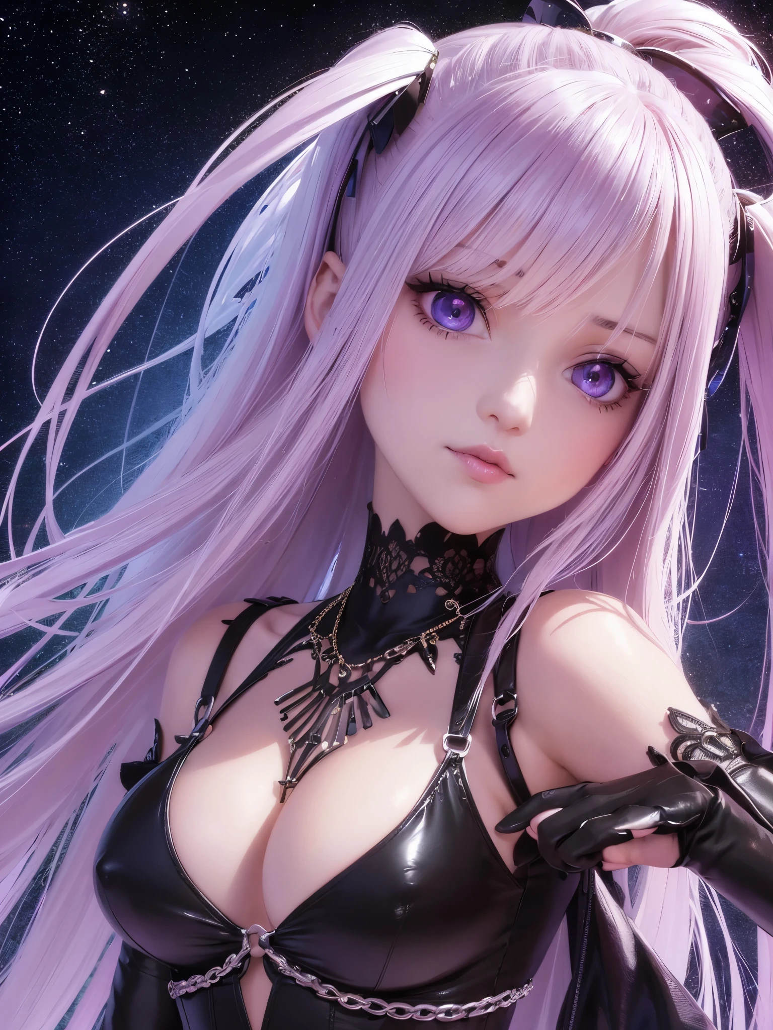 (tmasterpiece,Sideslit,Beautiful eyes:1.2),(tmasterpiece*sportrait),sportrait,busts,(busts),Lifelike,Anatomical correct,3D face,luscious skin,(Solo),Hair with pick-dye,Gradient hair,(closeup of face),Lovely face,(Fire opal-like purple eyes),Hanging eye corners,((highdetailskin,Visible pores)),(Perfect body),beuaty girl,little breast,((French clothing)),(neck rings),very short gloves,(chain),(Laser material clothing:1.2)