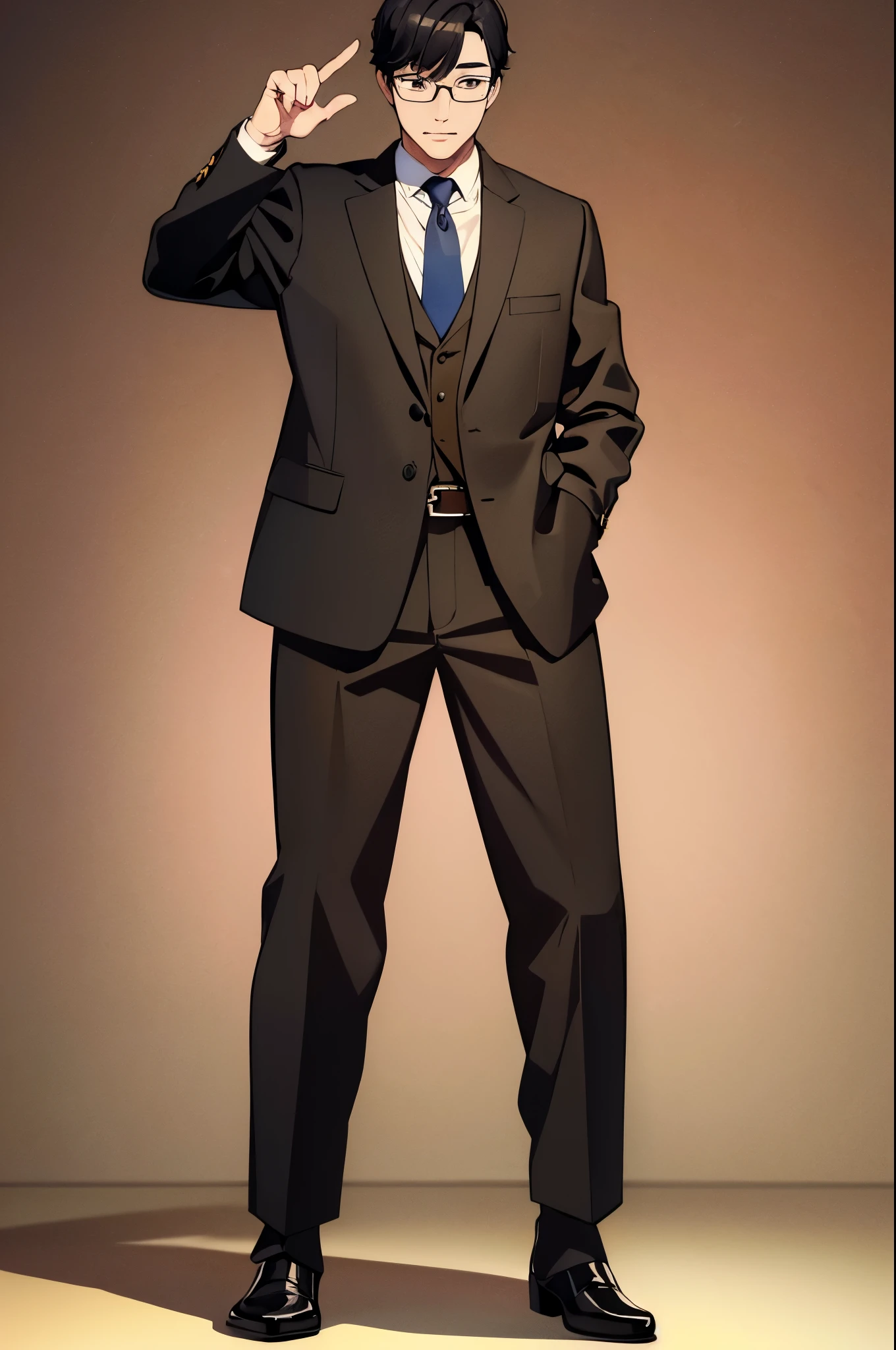 ((highest quality)), ((masterpiece)), (whole body), From the front, whole bodyの肖像画, Are standing, Hand shape with attention to detail, Finger shape with attention to detail, Foot shape with attention to detail, one man, black hair, wear glasses