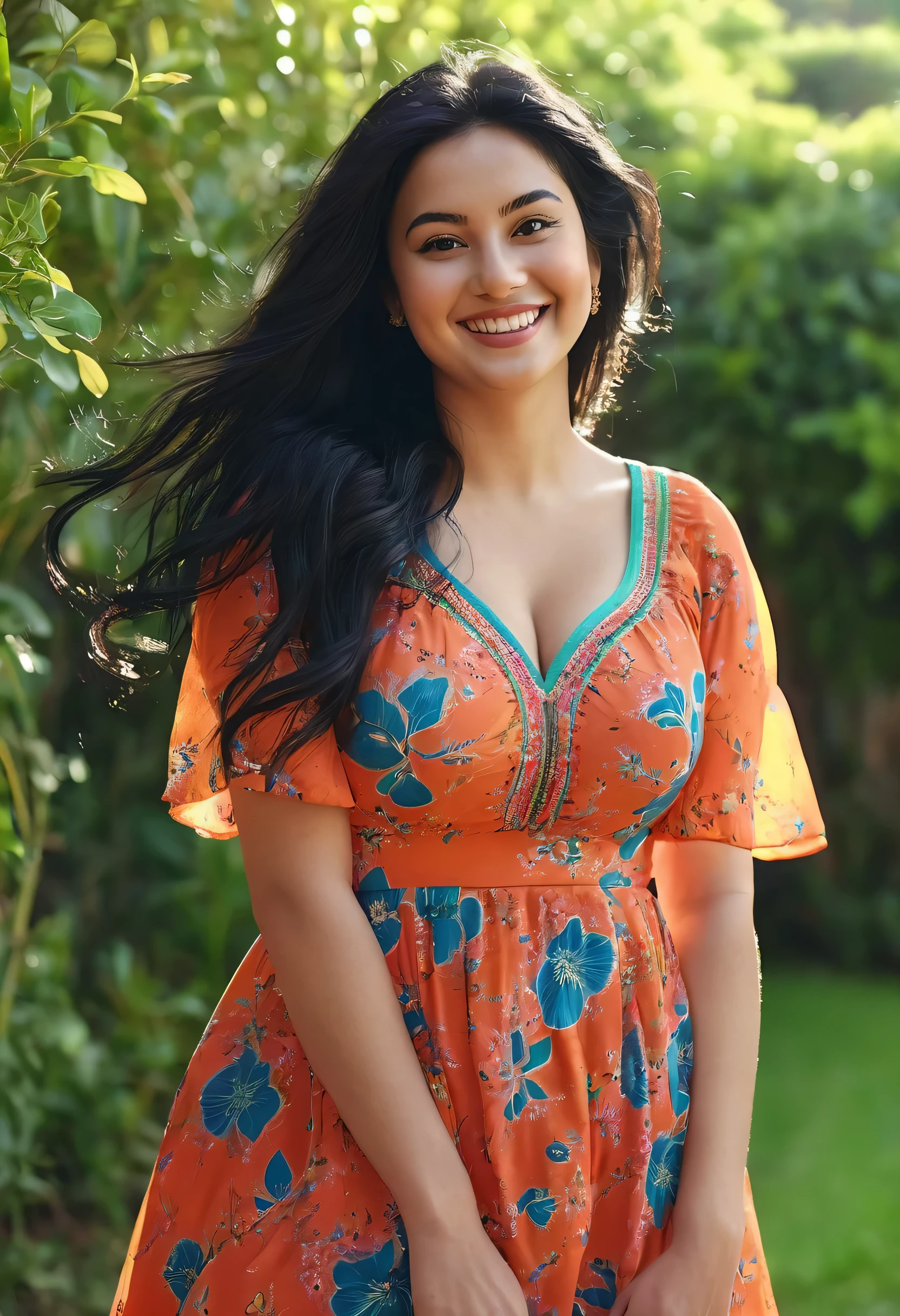 A beautiful 28 years old girl. She has long black hairs and dimples on cheeks. She is wearing beautiful vibrant dress. She is smiling .and strong 36 thighs. Curvy figure. Realistic image captured in Sony UHC 800. The environment is cool and calming. In the soft embrace of dreams there is a moment of tranquility