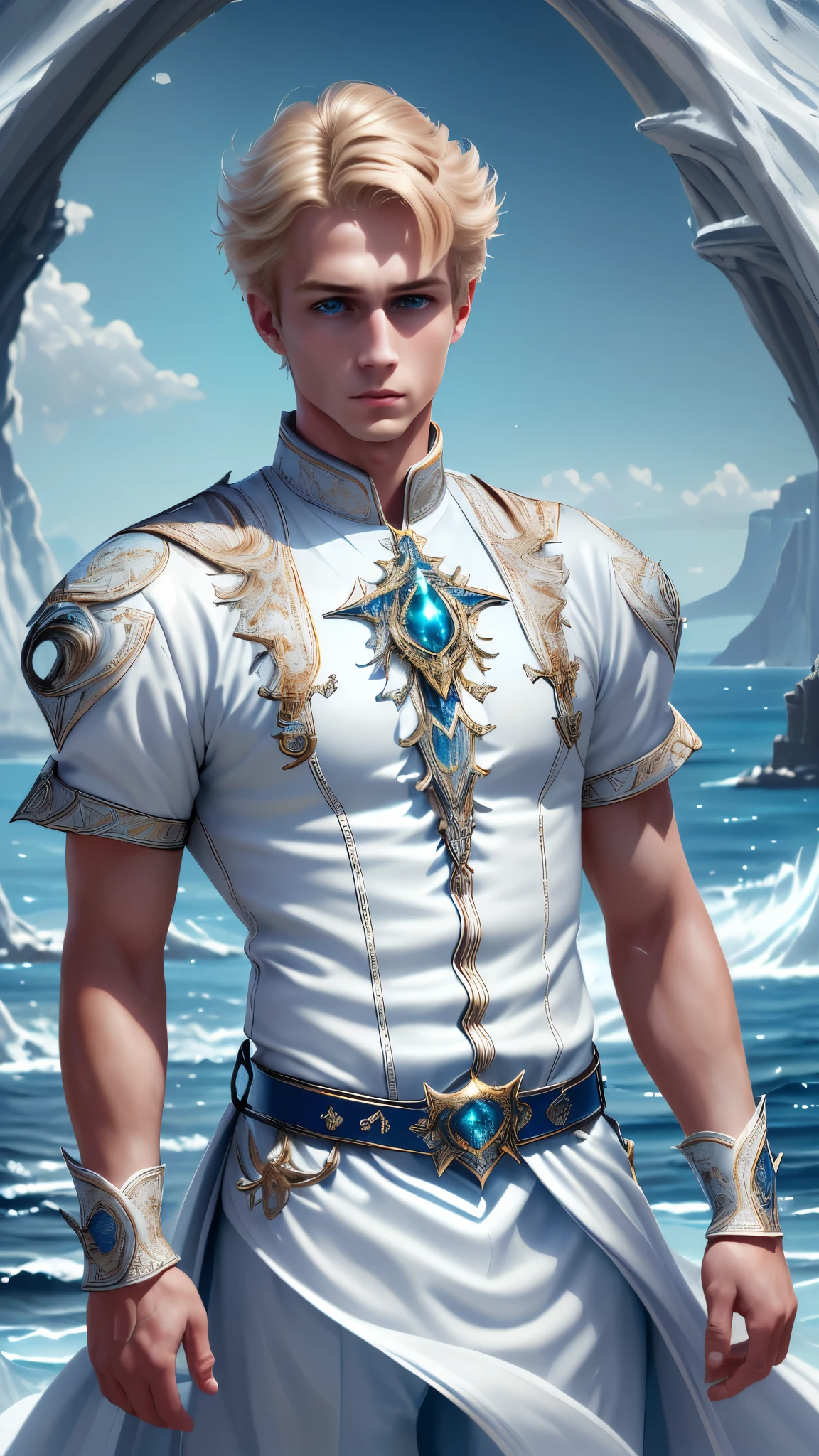 (best quality,ultra-detailed,realistic:1.37), young man, handsome, blond hair, short hair，blue eyes, dressed in elaborate white outfit, fantasy style, background of the sea